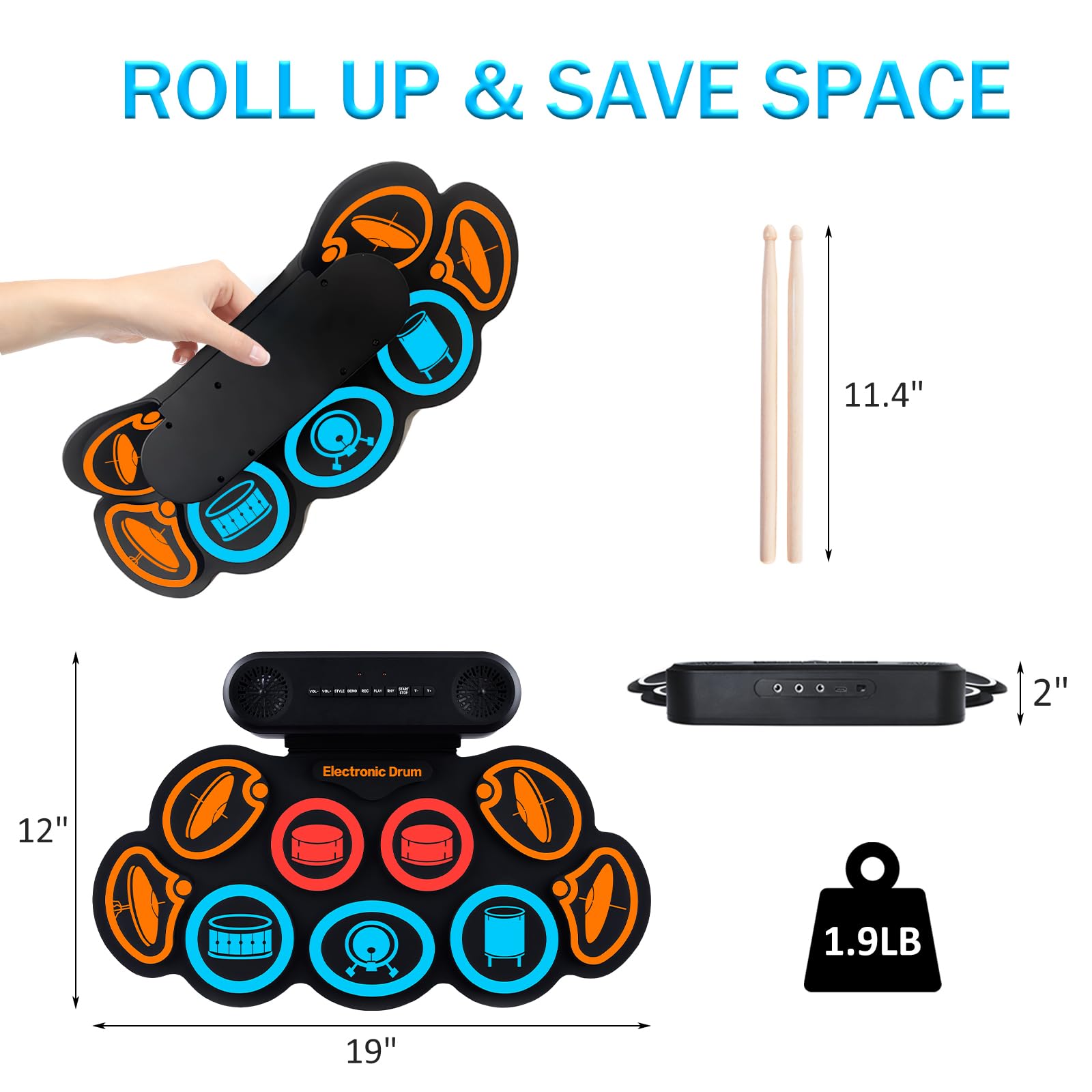 Schlagzeug Elektronisch, 9 Pads Rolling Electric Drum Pad Kits Machine Mit KopfhöReranschluss, 10 Stunden Spielzeit, 2 Eingebaute Lautsprecher (Bunt)