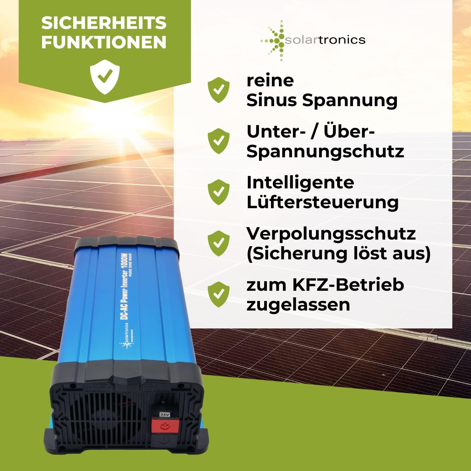 Solartronics FS1000D - Convertidor de tensión 24 V 230 V 1000 W con Pantalla – Onda sinusoidal Pura 24 V Arriba para Ruedas y caravanas – 2000 W Spitzenleistung – Silvestre & conexión USB