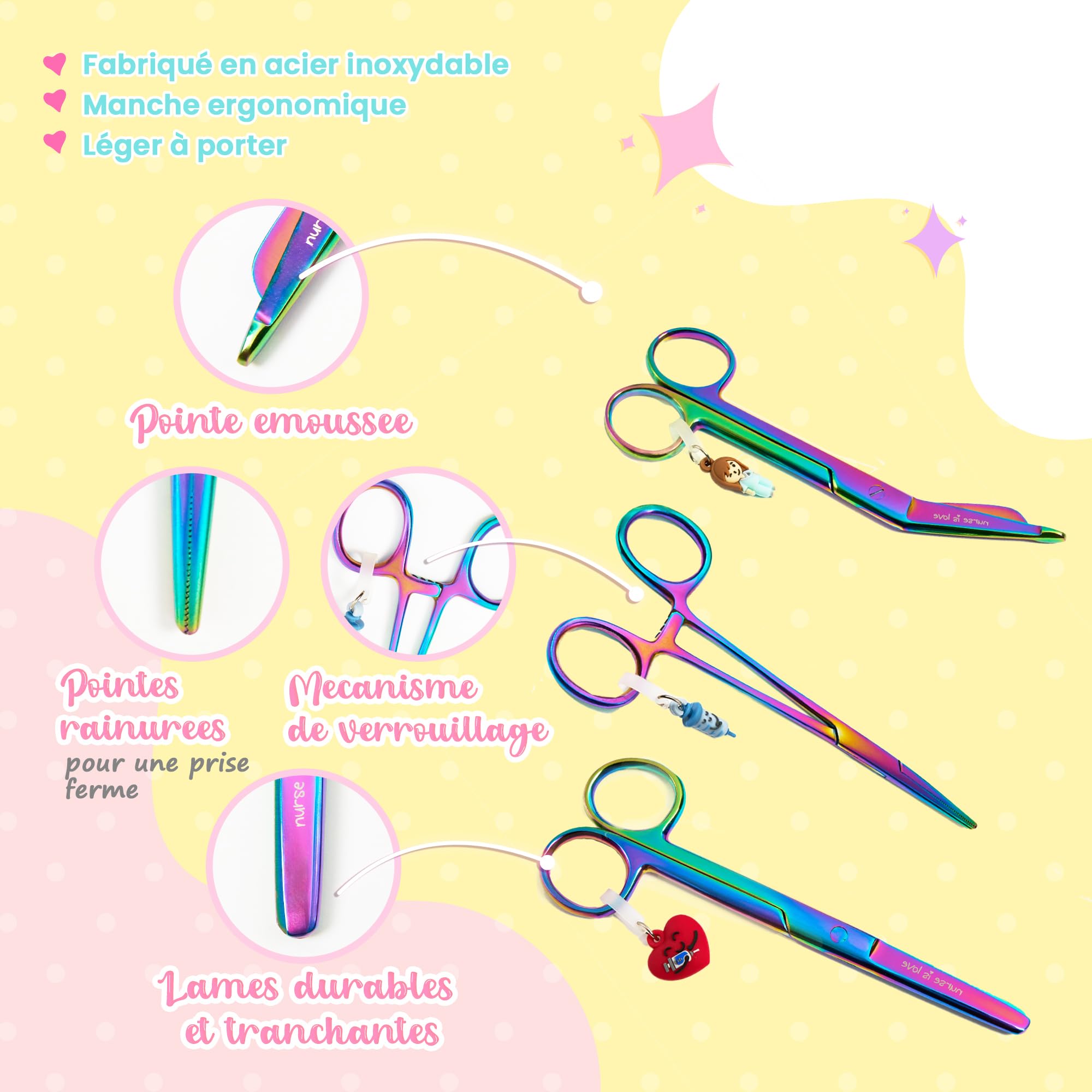 Nurse is Love Set 3 pièces Ciseaux Infirmiers Pico de Pato & Droits Mayo + Outil de Fixation | Ciseaux à Pointe Roma, Accessoires Infirmière, Premiers Secours - Cromium