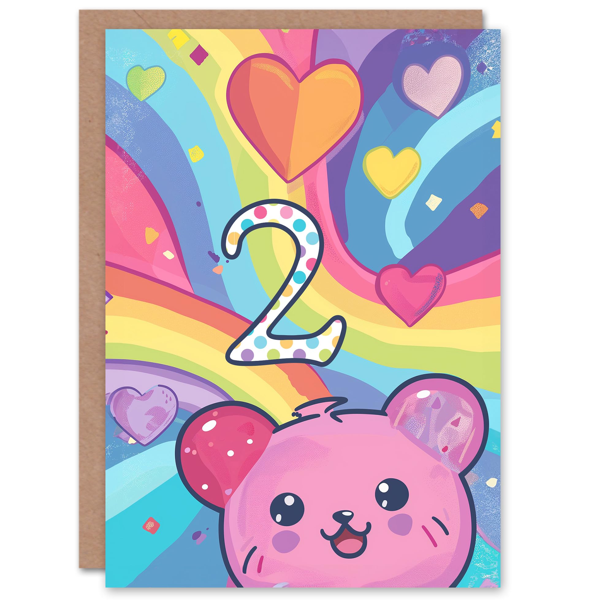 Artery8 Birthday Card Hamster Bear Rainbow Kawaii Cartoon Cute 2nd 2 Year Old For Child Kids Son Daughter Greeting Card
