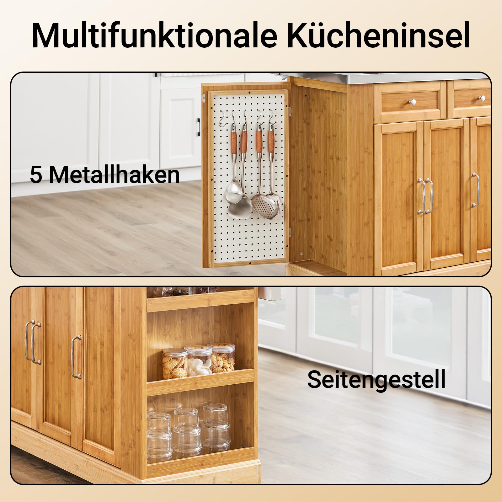 SoBuy Kücheninsel freistehend mit ausziehbarer Edelstahl-Arbeitsplatte – Küchenwagen mit Schubladen für Küche, Esszimmer und Garten, Innen- und Außenbereich, Naturholz, 107x92,5X(46–71) cm, FKW130-N