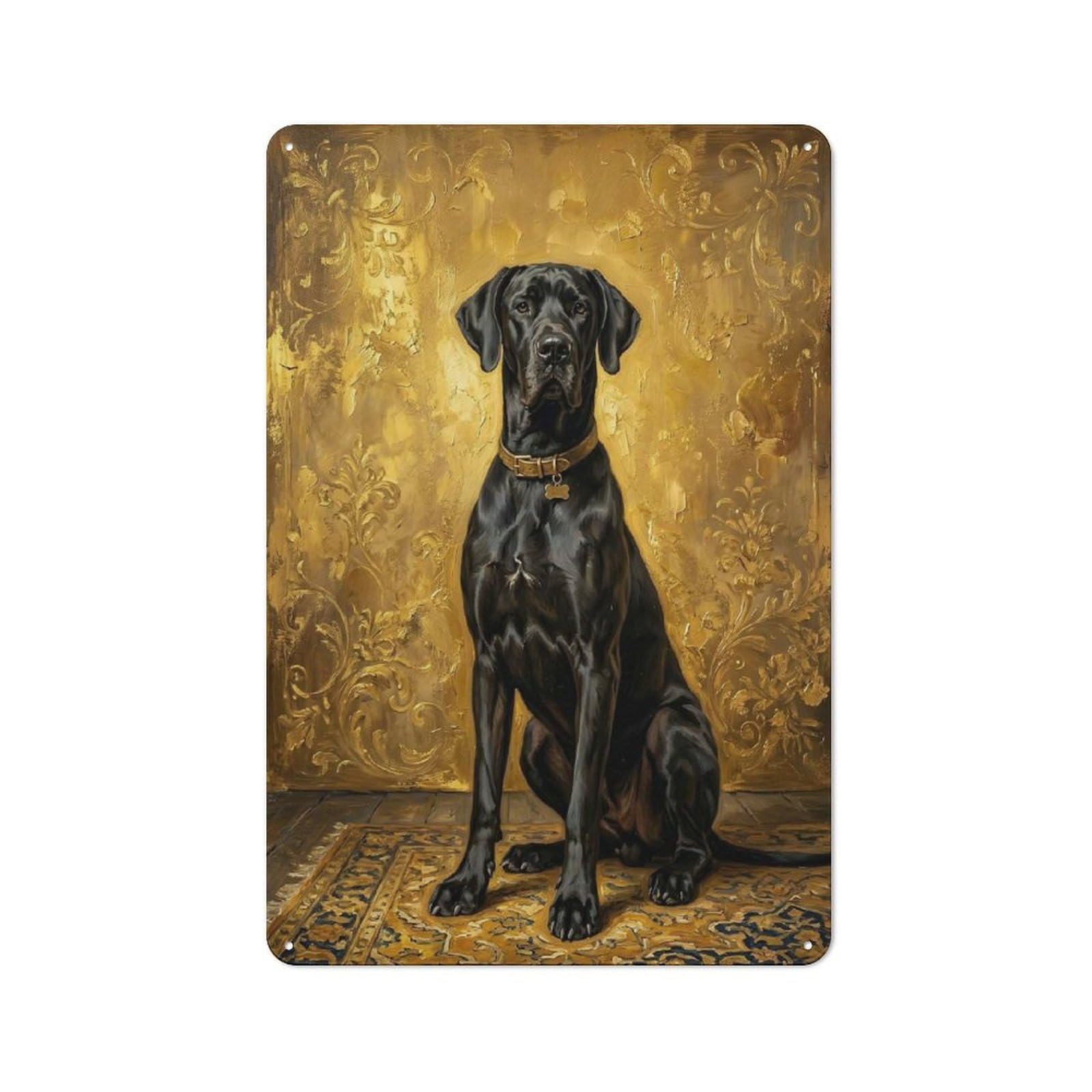 Junmoney Style-23 Workshop Style Great Dane Portrait On Gold Background Tin Sign 30X20cm, Workshop Wall Decor For Tool Room, Garage, Studio Or Home Bar