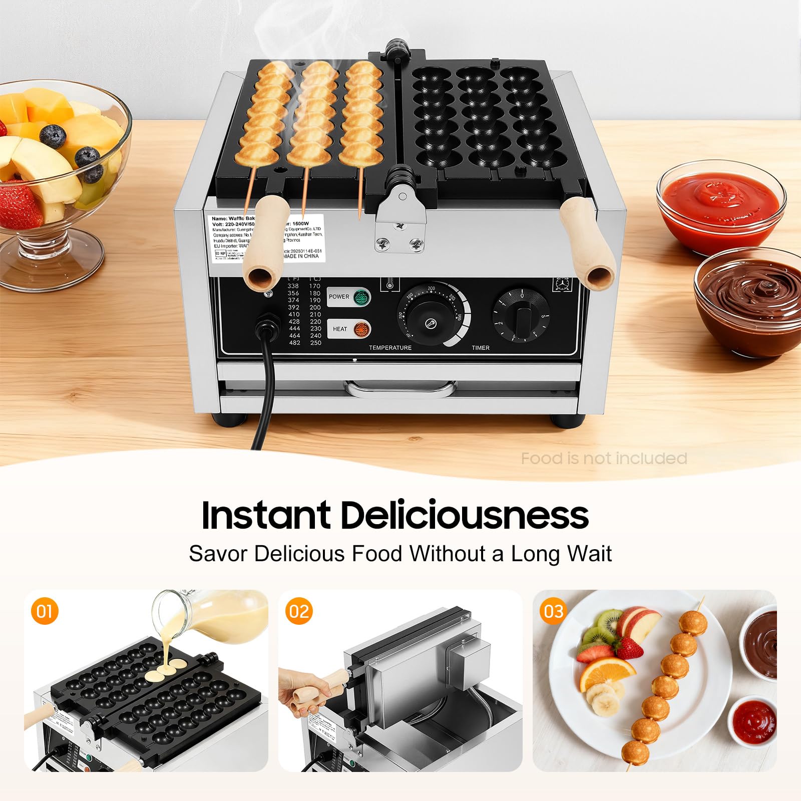 Máquina de gofres profesional de 1500W de acero inoxidable con indicador LED de temperatura ajustable 50-300°C,para la fabricación de panqueques, muffins y gofres