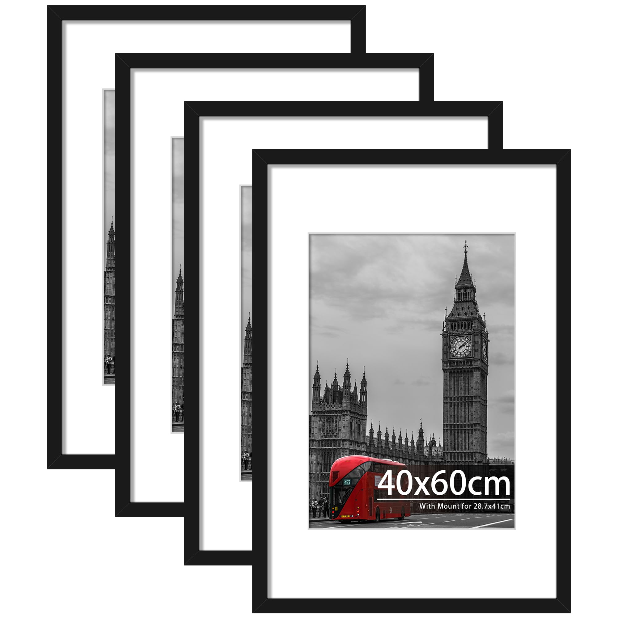 Cornice portafoto 40 x 60 cm, nera, confezione da 4 | Cornice in legno e plexiglass, 40 x 60 cm con passepartout per stampe A3, foto e poster, montaggio a parete