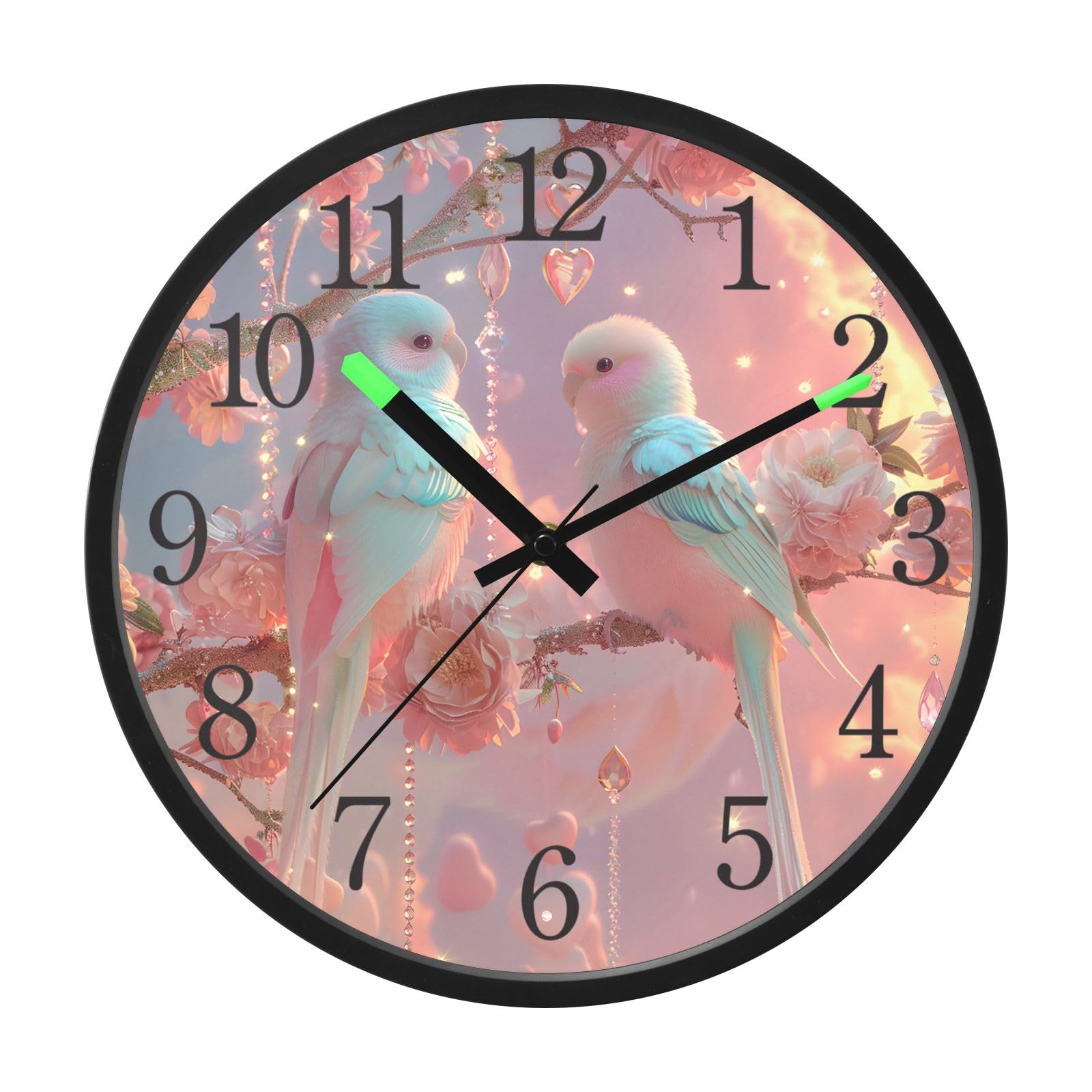 Horloge murale silencieuse 30 cm acrylique avec fleurs roses et oiseaux