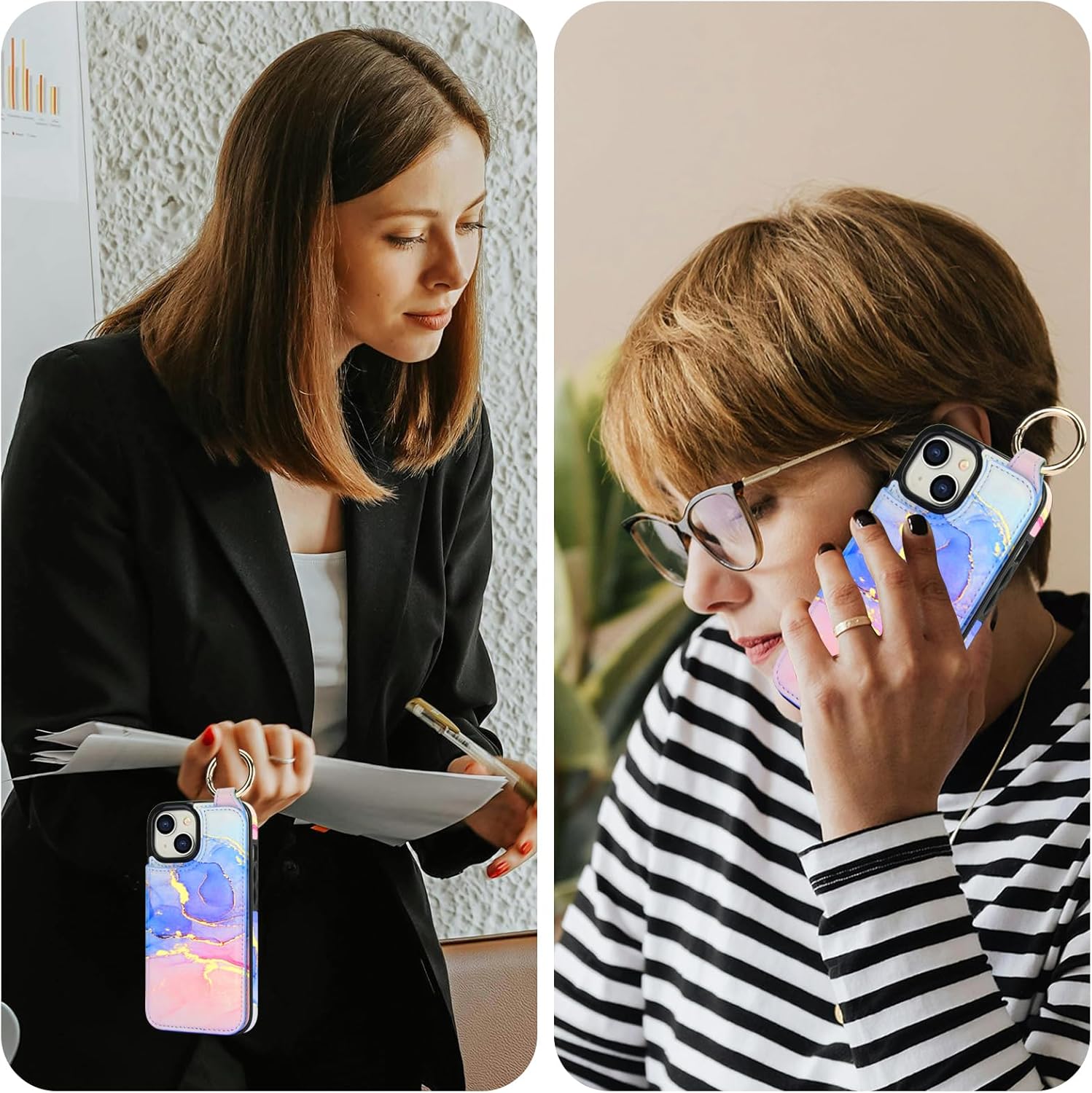 HAOPINSH for iPhone 15 Wallet Case with Card Holder, Pink Blue Marble Print Back Flip Folio PU Leather Kickstand Card Slots Case, Finger Grip Ring Double Magnetic Clasp Shockproof 6.1"