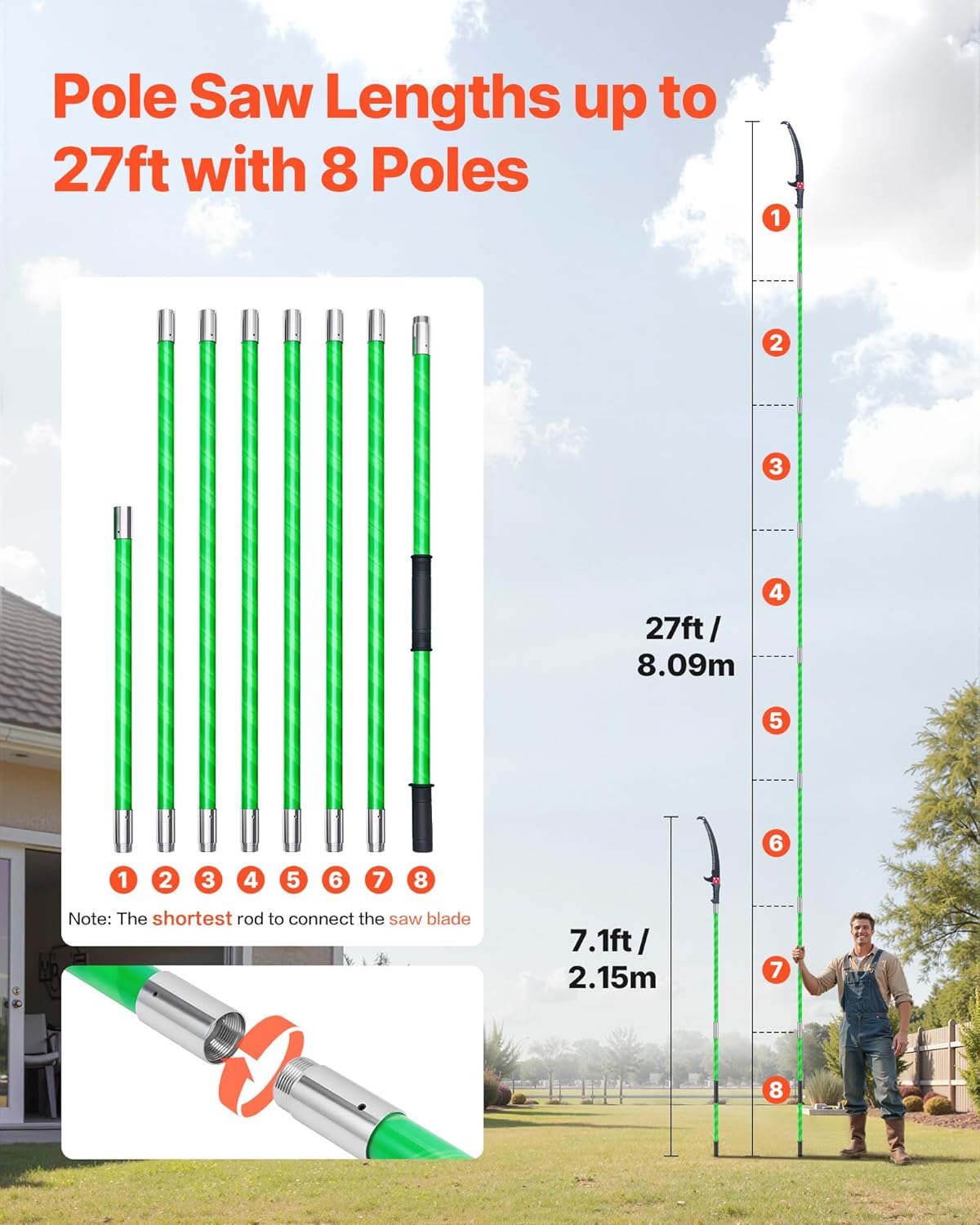 VEVOR Manual Pole Saw, 3.87-27 ft Extendable Pole Tree Pruner, Sharp 65Mn Steel Blade, Lightweight Fiberglass Handle Pole, Double-Hook Saw for High Branch Trimming, Pruning Tool for Palms, Shrubs