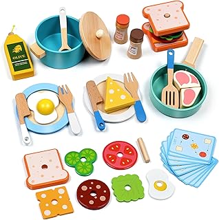 35 PCS Wooden Play Kitchen Accessories, Pretend Play Kitchen Toys for Kids Toddlers, Wooden Play Cooking Set Play Food Cookware Pots Pan Dishes, Gifts for Girls Boy 3 4 5 6 Years Old