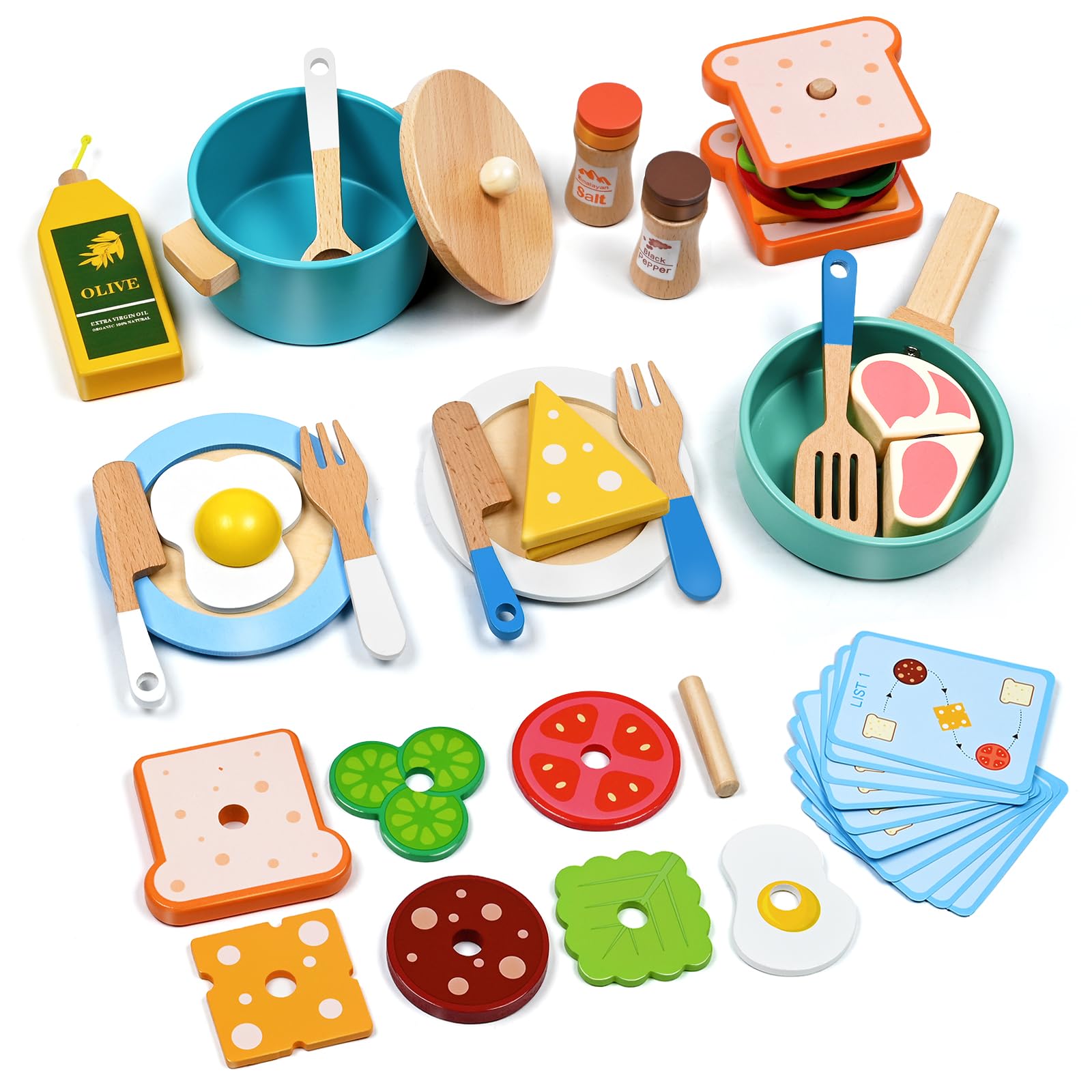 35 piezas de accesorios de cocina de madera, juguetes de cocina de juego de simulación para niños pequeños, juego de cocina de madera, juego de cocina, ollas y sartenes, regalos para niñas y niños de