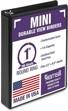 Samsill Durable1 Inch Mini 3 Ring Binder, Round Ring Binder, Holds 5.5 x 8.5 Inch Documents, Customizable Cover, 1" View, Single, Black