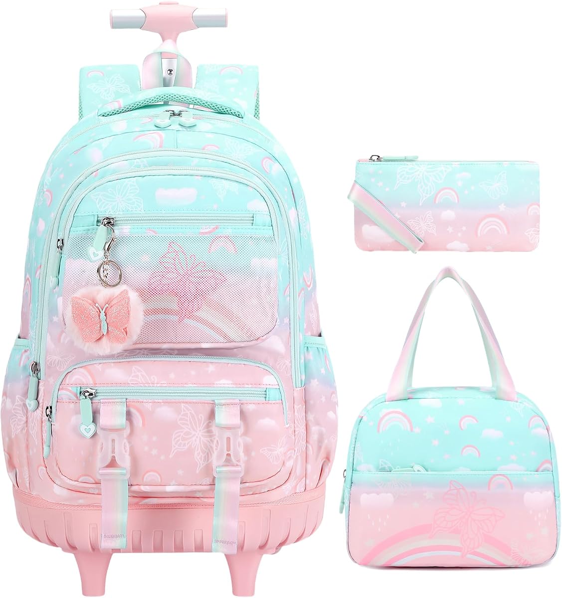 3PCS Rainbow Butterfly Rolling Backpack for Girls w/ Lunch Box (Green Pink) | Kids Roller Backpacks with Lunch Bag & Pencil Pouch, Cute Bookbags Schoolbag with Wheels for Kindergarten Elementary Prechool