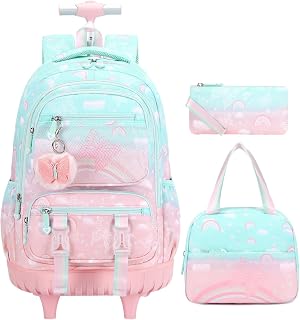 Scothen Rolling Backpack for Girls, 3PCS Roller School Backpacks for Girls with Lunch Bag and Pencil Pouch, Kids Bookbag Schoolbag with Wheels for Teen Girl Kindergarten Elementary Middle School