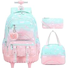 3PCS Rainbow Butterfly Rolling Backpack for Girls w/ Lunch Box Green Pink