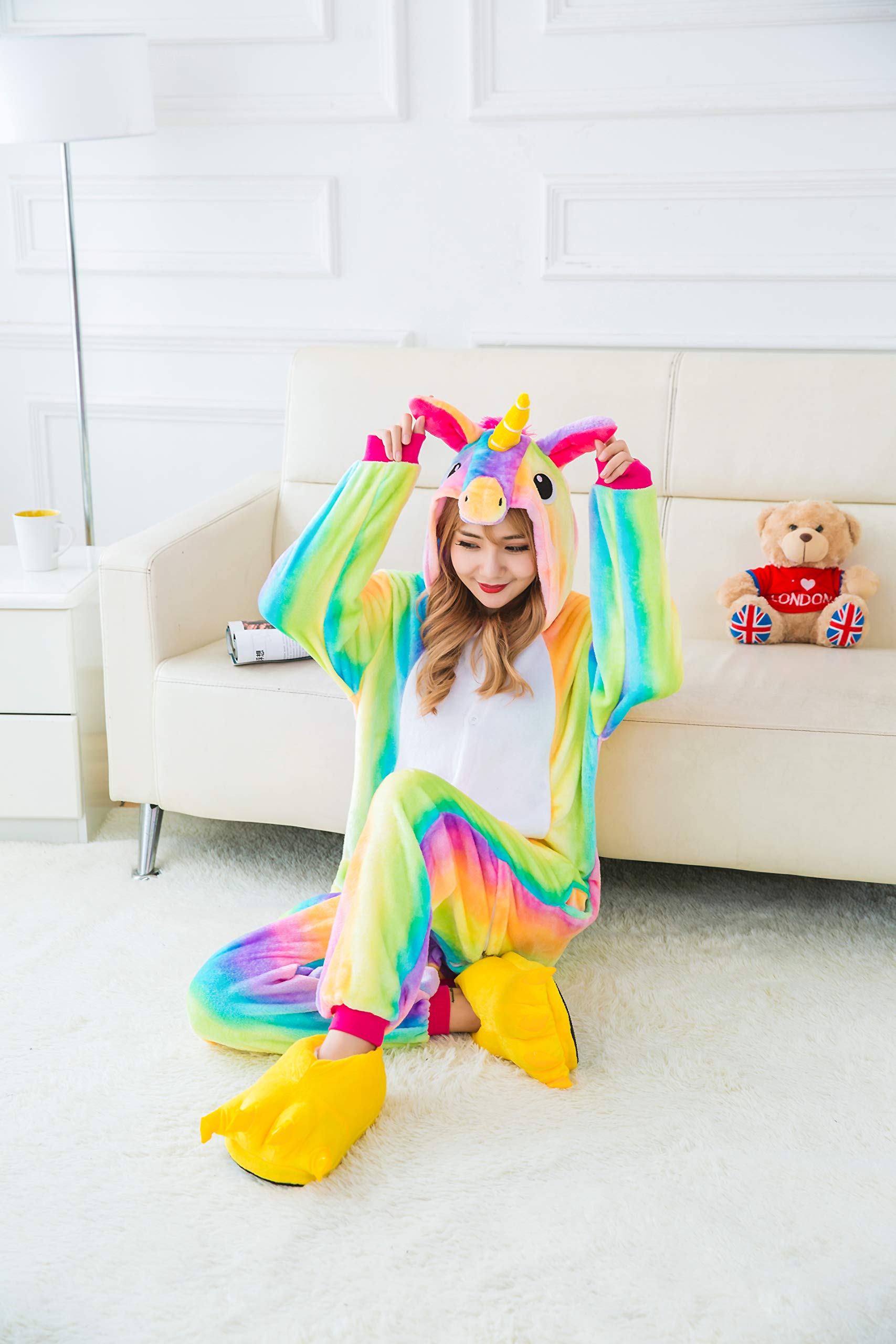 Ensemble de Pyjama Licorne Grenouillère Animaux Siamois Romper Pajamas Kigurumi Onesie Cosplay Animal Combinaison Costume Vêtement de Nuit en Flanelles Soirée Carvanal Halloween Noël Déguisement