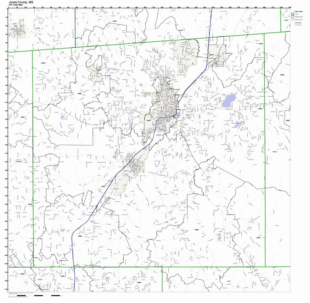 Jones County, Mississippi MS ZIP Code Map Not Laminated