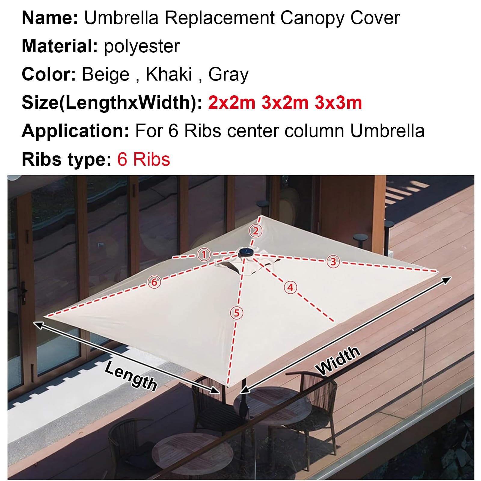 Copertura Di Ricambio Per Ombrellone Da Giardino Esterno, Telo Di Ricambio Per 2x2m 3x2m 3x3m Ombrellone, 6 Stecche, Impermeabile, Baldacchino Di Ricambio Ombrellone Spiaggia Piscina(Grays,3x2m)