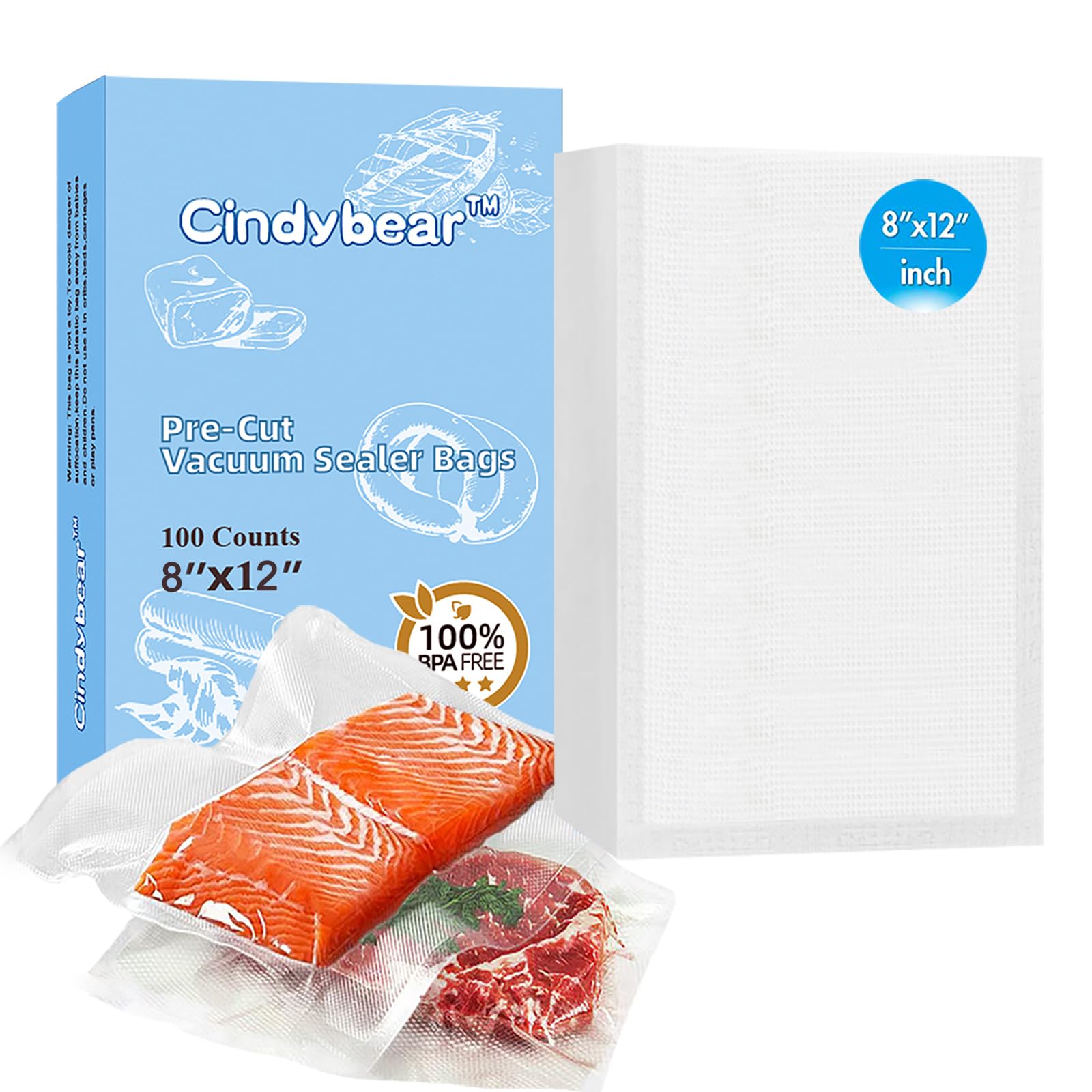 Cindybear Vacuum Sealer Bags for Food, 100 Pre-cut 8 x 12 Inch
