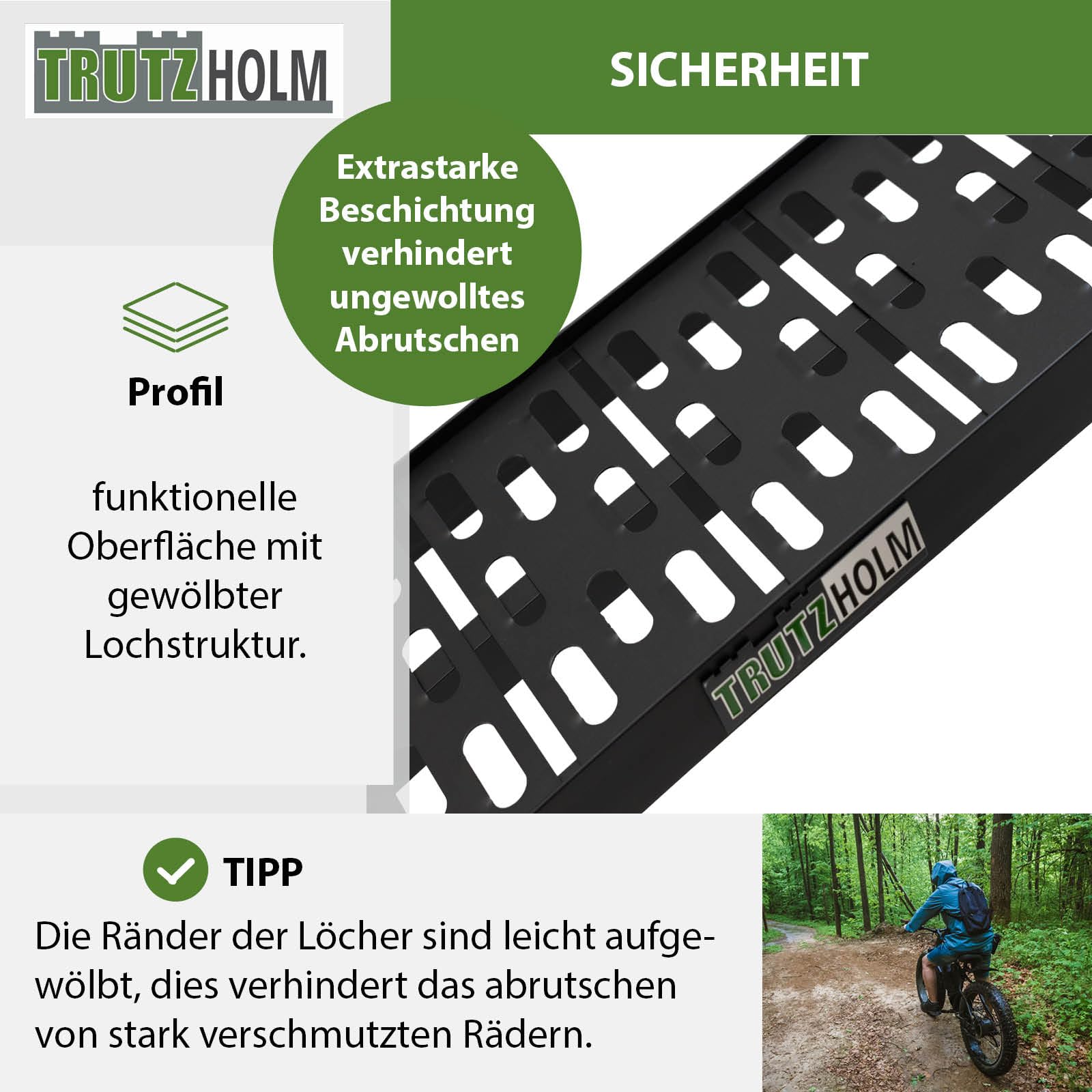 TRUTZHOLM Auffahrrampe klappbar Länge 228 cm Traglast 340 je Stück Motorradrampe Aluminium gelochte rutschfeste Lauffläche gummierte Auflage Verladerampe für Motorräder Roller E-Bike schwarz (1)