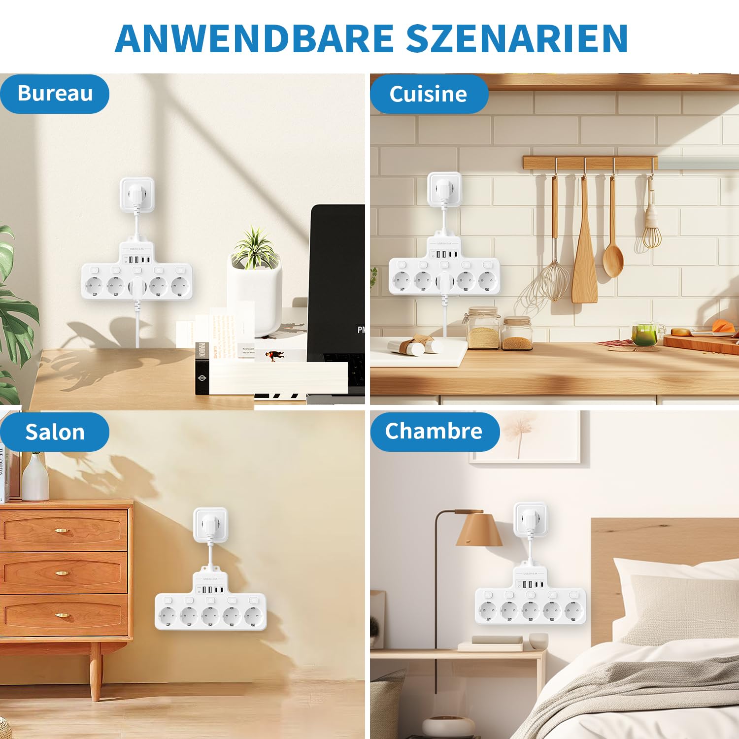 Steckdosenleiste mit individuellem Schalter – 5 Steckdosen Wandsteckdose und USB C, Verlängerungskabel mit Überspannungsschutz, kurzes Kabel, Weiß