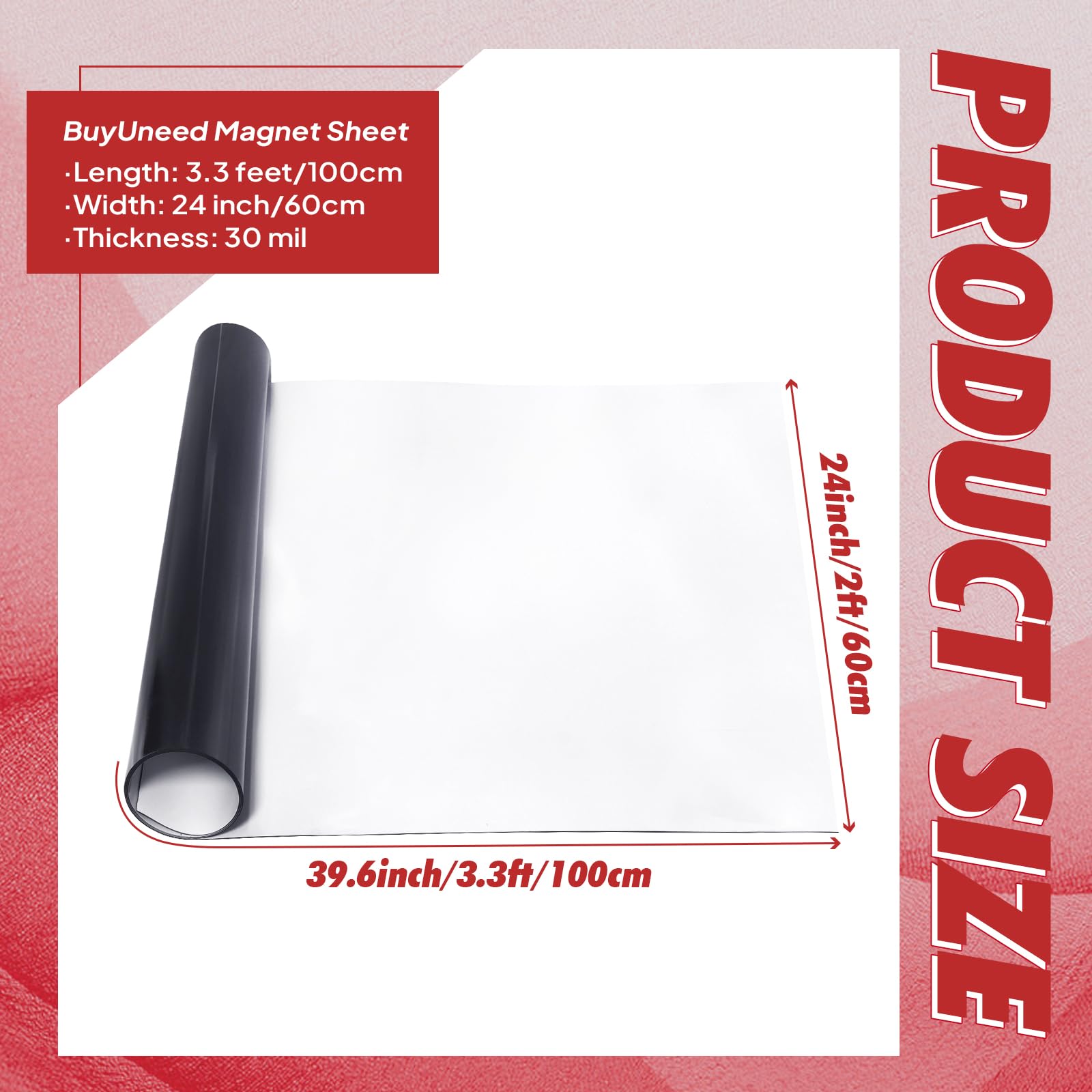 BuyUneed Magnet Sheet Roll Blank White Surface Magnetic Sheets 30 mils Magnetic Vinyl Material Easy to Cut for DIY Craft Projects, Vehicles Signs, Magnetic Vent Covers (24inch Wide x 3.3ft)