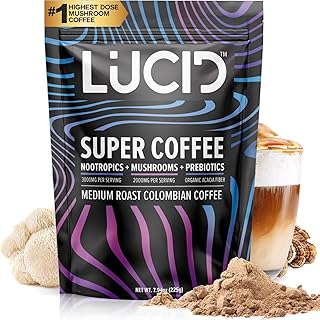 Lucid Superfood Organic Mushroom Coffee with Nootropics - Lion's Mane, Tremella, Cordyceps & Turkey Tail - Instant Mushroom Coffee Focus Brain Health - Alpha GPC, L-Theanine, Ginko Biloba - USA Made
