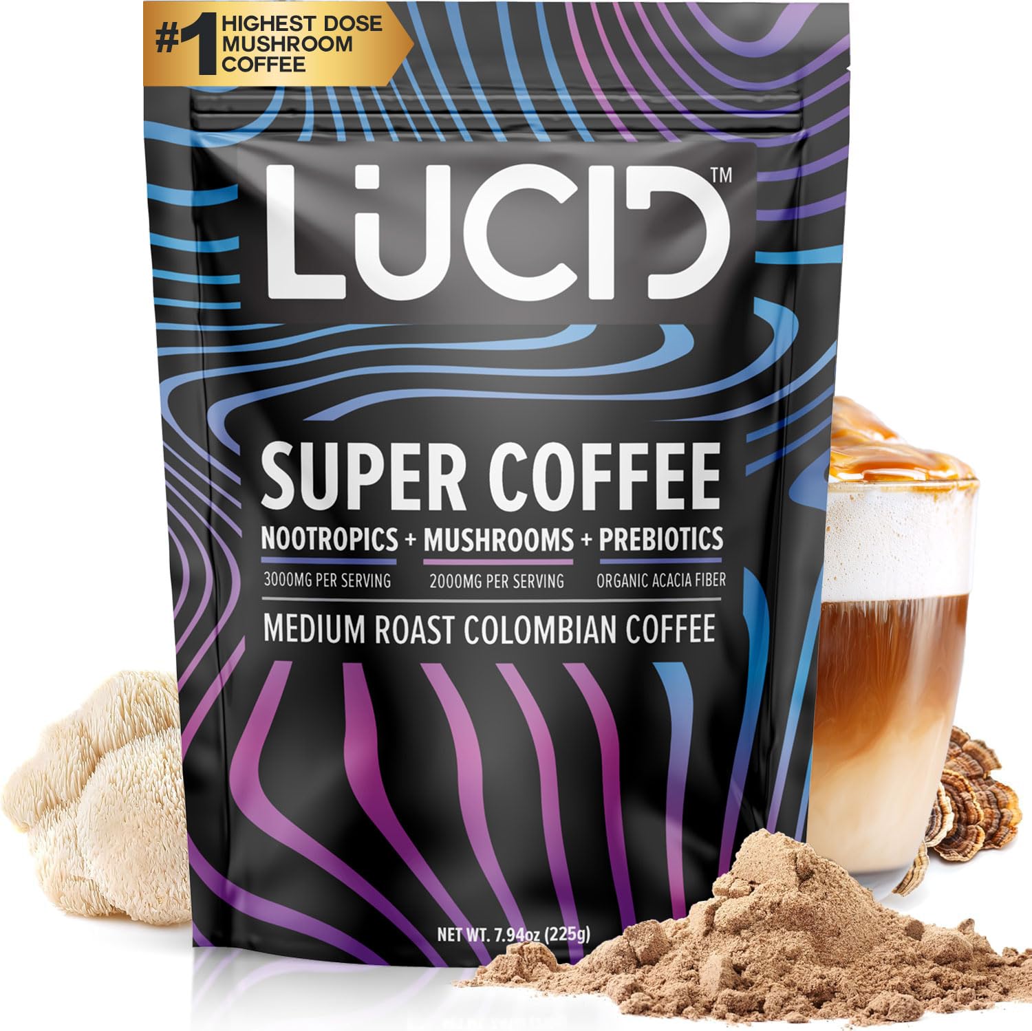Superfood Organic Mushroom Coffee with Nootropics - Lion's Mane, Tremella, Cordyceps & Turkey Tail - Instant Mushroom Coffee Focus Brain Health - Alpha GPC, L-Theanine, Ginko Biloba - USA Made