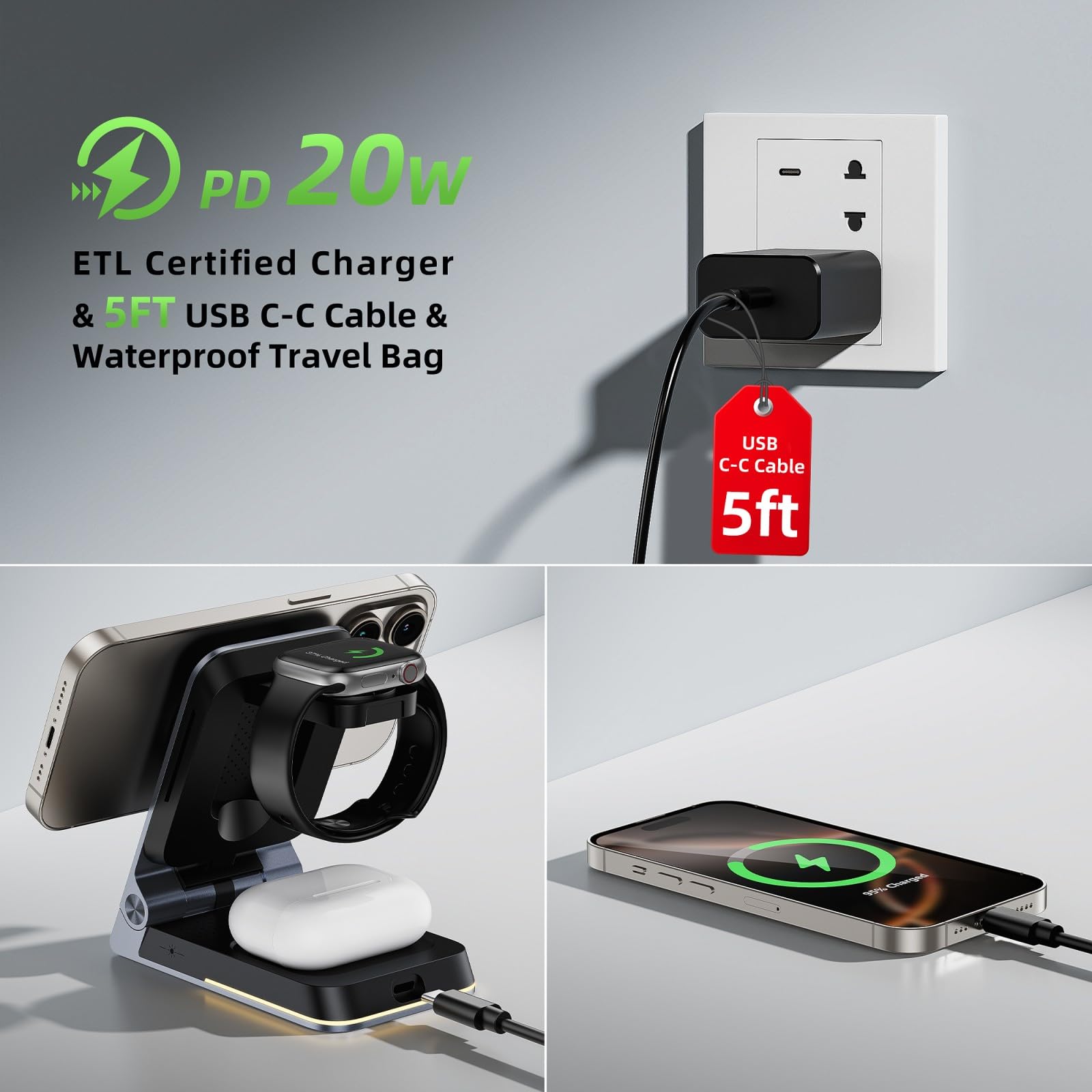 Station de charge sans fil 3 en 1 en aluminium, chargeur sans fil pliable pour Apple Magsafe avec lumière, support magnétique de voyage portable pour iPhone 16/15/14, montre, Airpod, adaptateur inclus