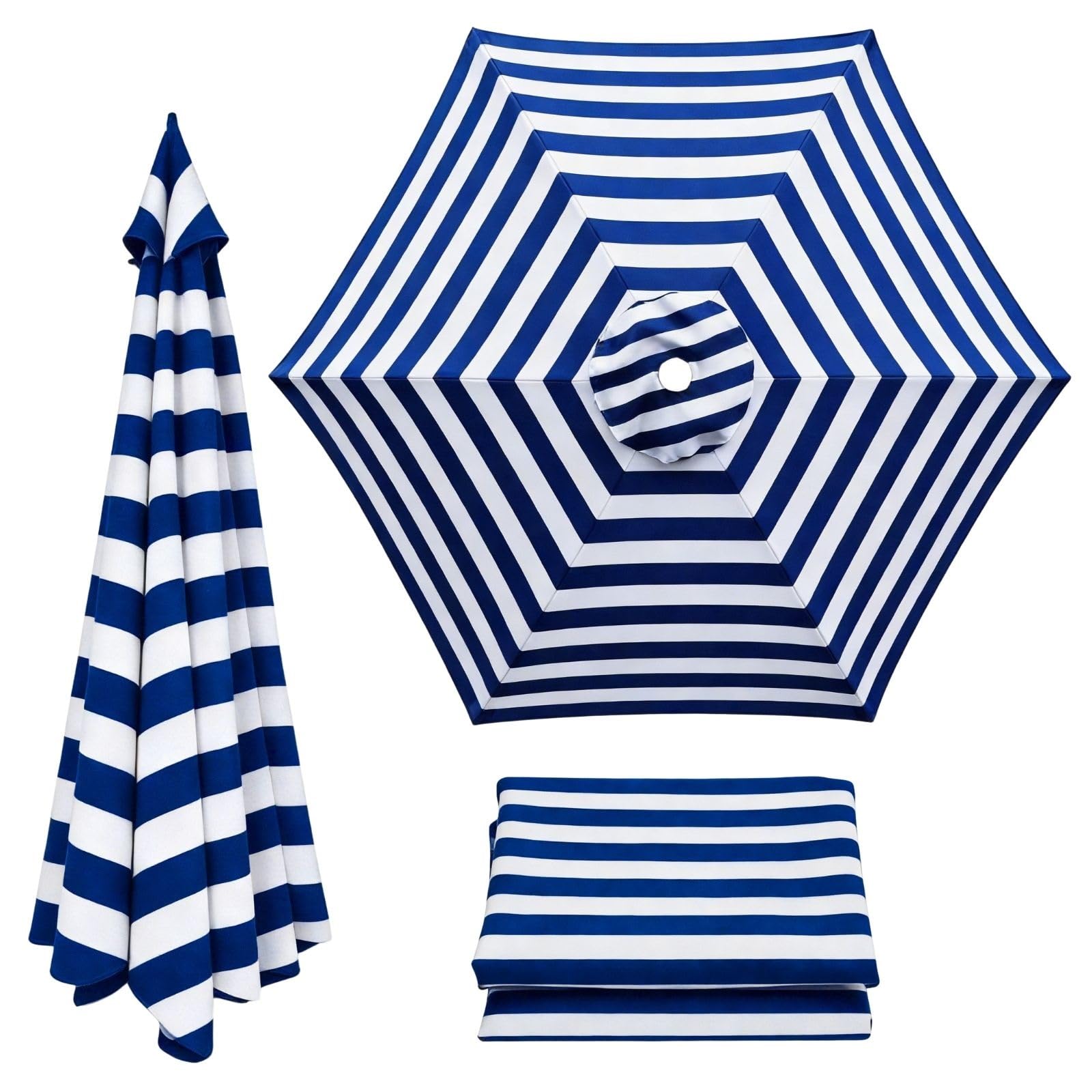 Patio Umbrella Replacement Canopy 6 Ribs Canopy Only Fits 2m 2.15m 2.3m 2.5m 2.7m 2.8m 3m Beige Khaki Blue Dark Green and 20+ Colors UV Protected Waterproof Fabric Top(Bluewhite,3m/9.8ft) — image 1