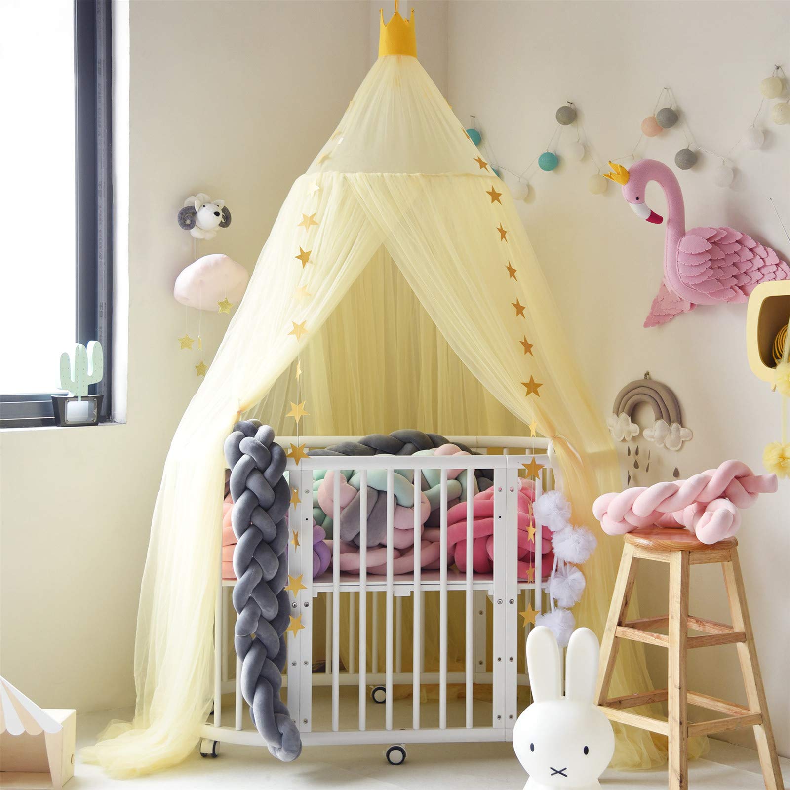 Ciel de lit pour bébé - En mousseline de soie - Avec guirlande d'étoiles - Jaune