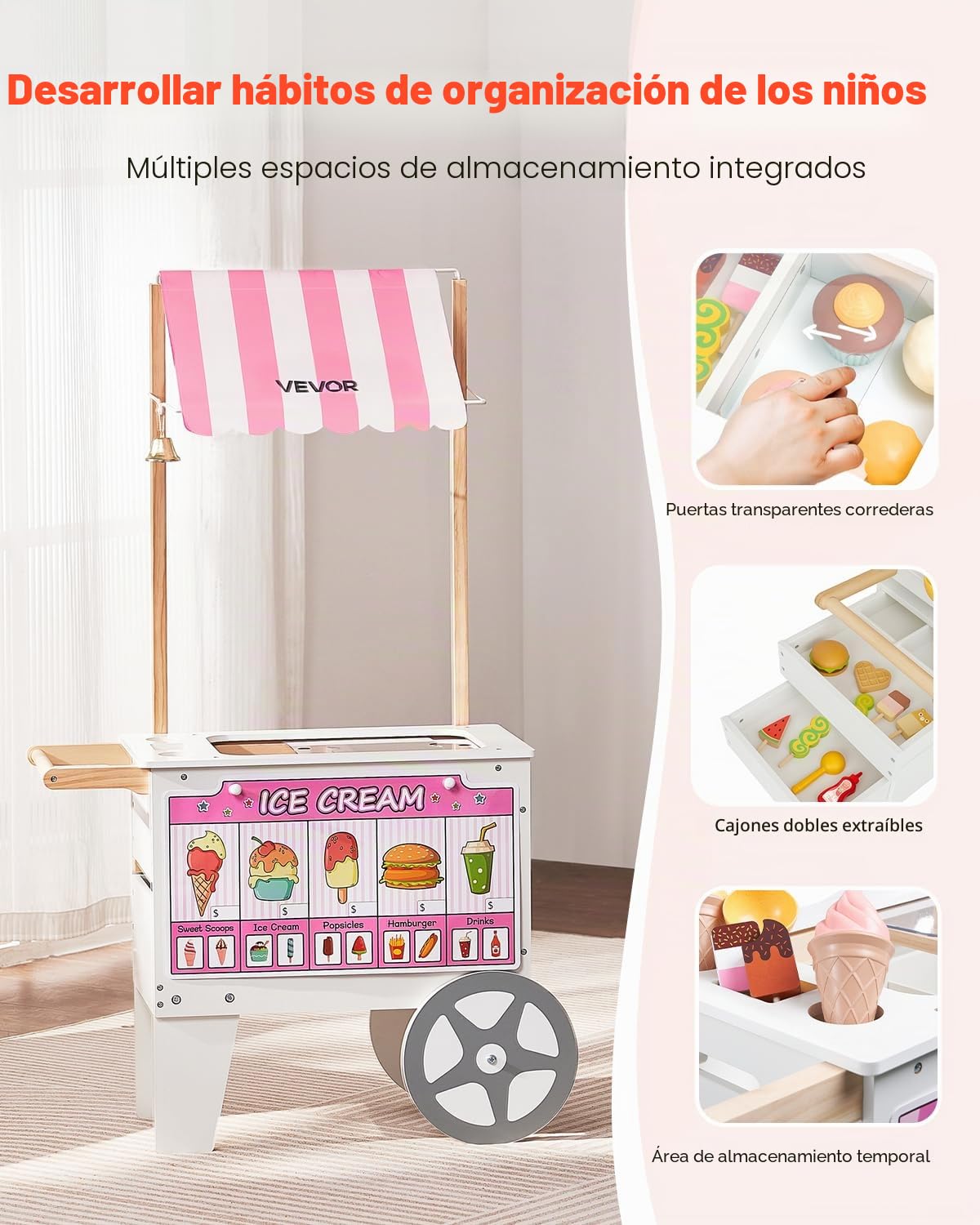 VEVOR Carrito de Helados, Más de 20 Accesorios, Juego de Simulación de Heladería, Cocina, Juguetes con Helado y Paleta, Toldo y Congelador, Cajones, para Niños de 3 a 7 Años, 747 x 350 x 1220 mm