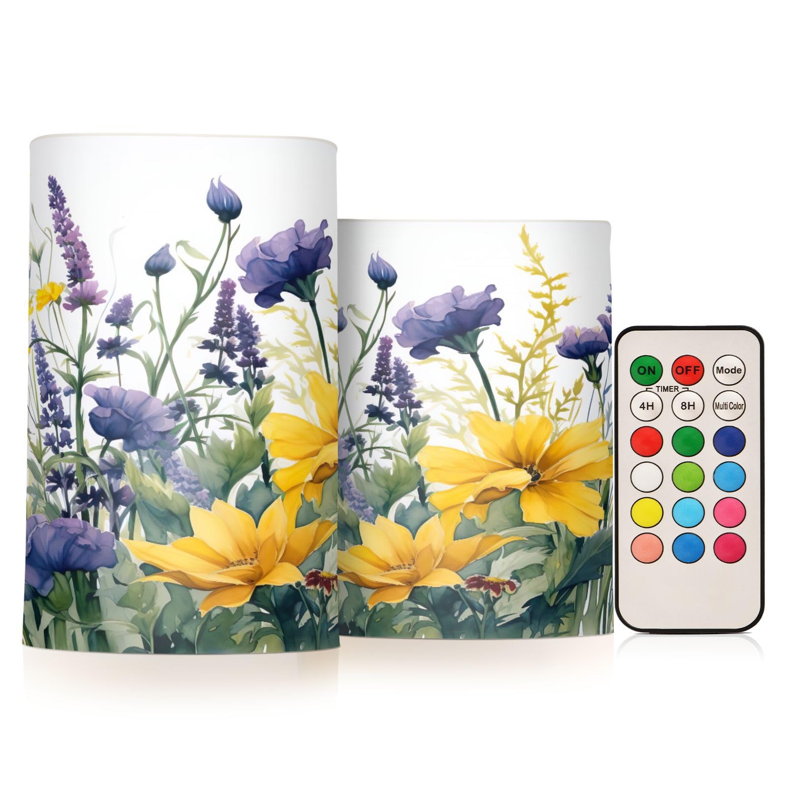 Kigai Colorful Flowers Flameless Candles with Remote Control and Timer,Battery Operated LED Pillar Candles Adjustable Brightness for Ourdoor Indoor Use,Home Decor,2 Pack