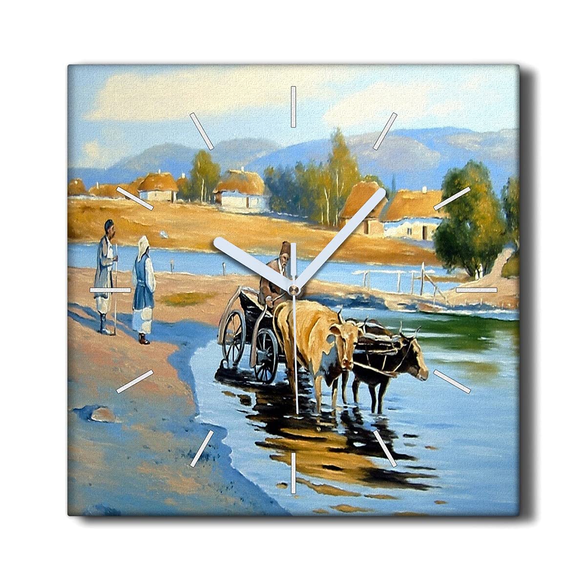 Horloge sur toile 30x30cm rivière et village pour décoration salon