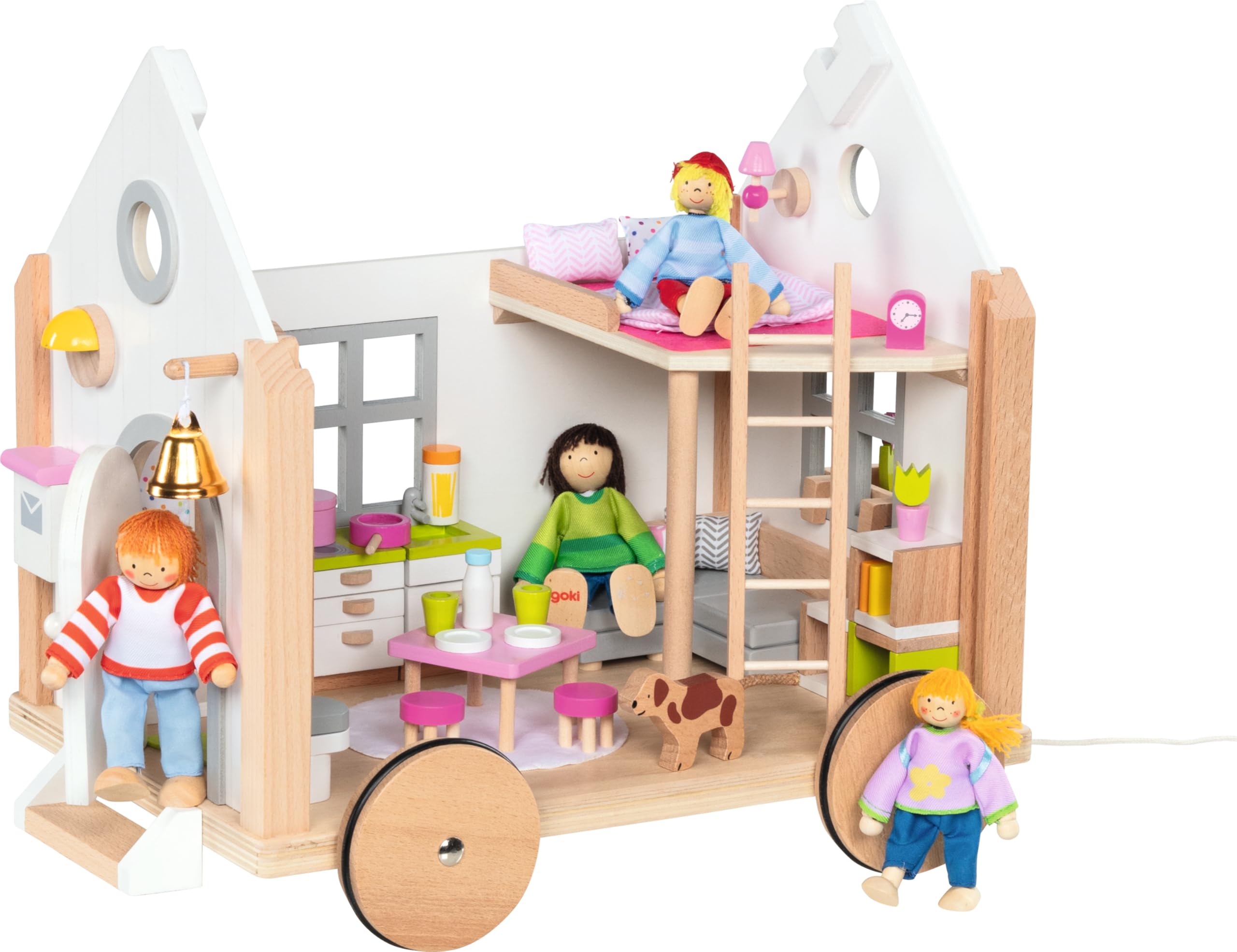 goki 51477 - Tiny House Hygge aus Holz und Textil für Mini-Puppen, Mobiles Puppenhaus im skandinavischen Stil, 38cm x 27cm x 33cm, 40er Set, ab 3 Jahre