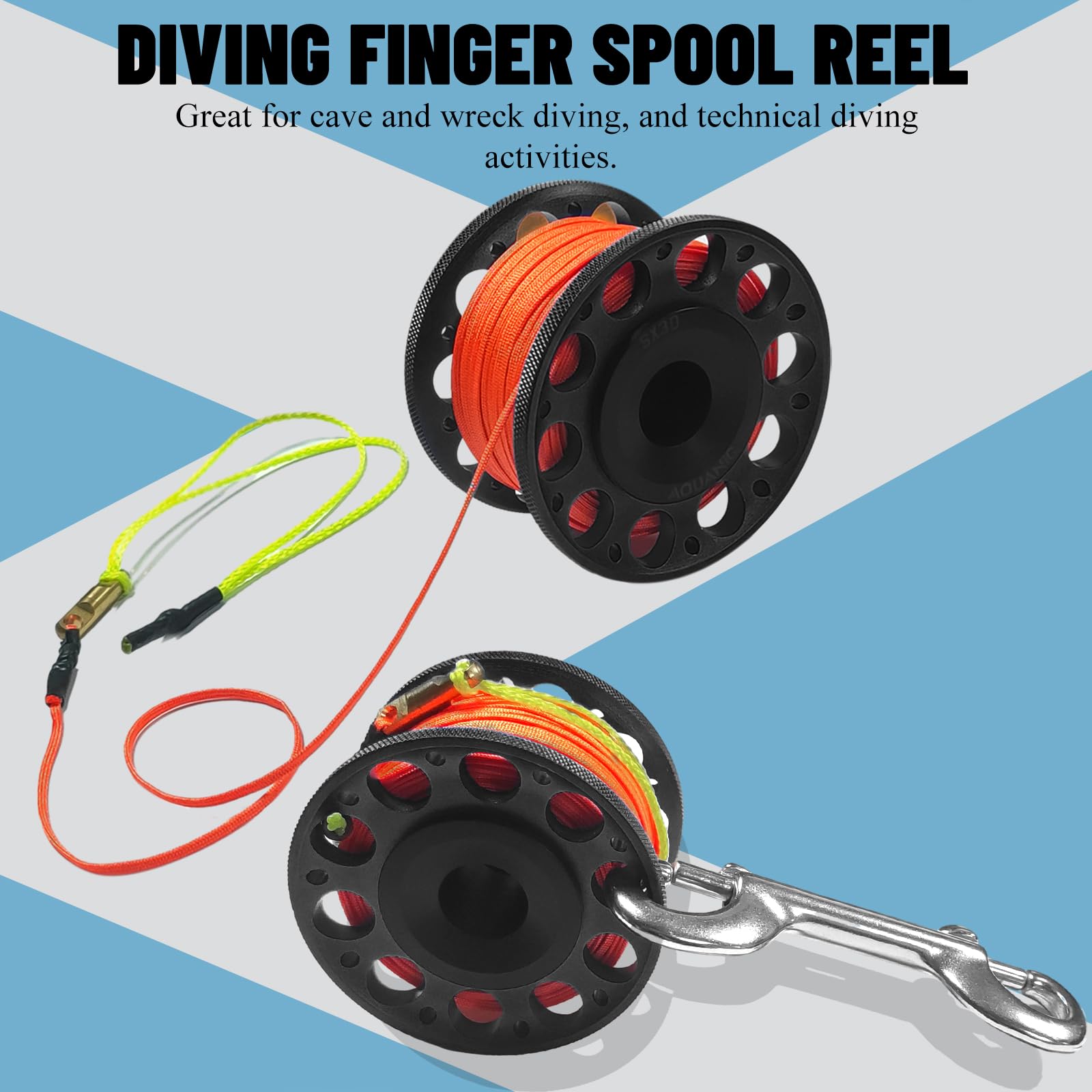 Scuba Diving Reel 99FT Finger Reel with Dive Double-Ended Bolt Snap Clip Aluminum Scuba Dive Finger Spool Reel for Snorkeling Diving Fishing,Black