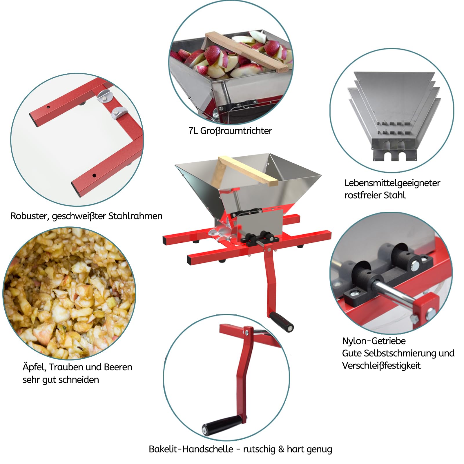 7L Traubenmühle Obstmühle Maischemühle Fruchtbrecher Pulper Mühle mit Handkurbel für Beeren Wein Soße Handmühle Zerkleinerer, (Edelstahl)