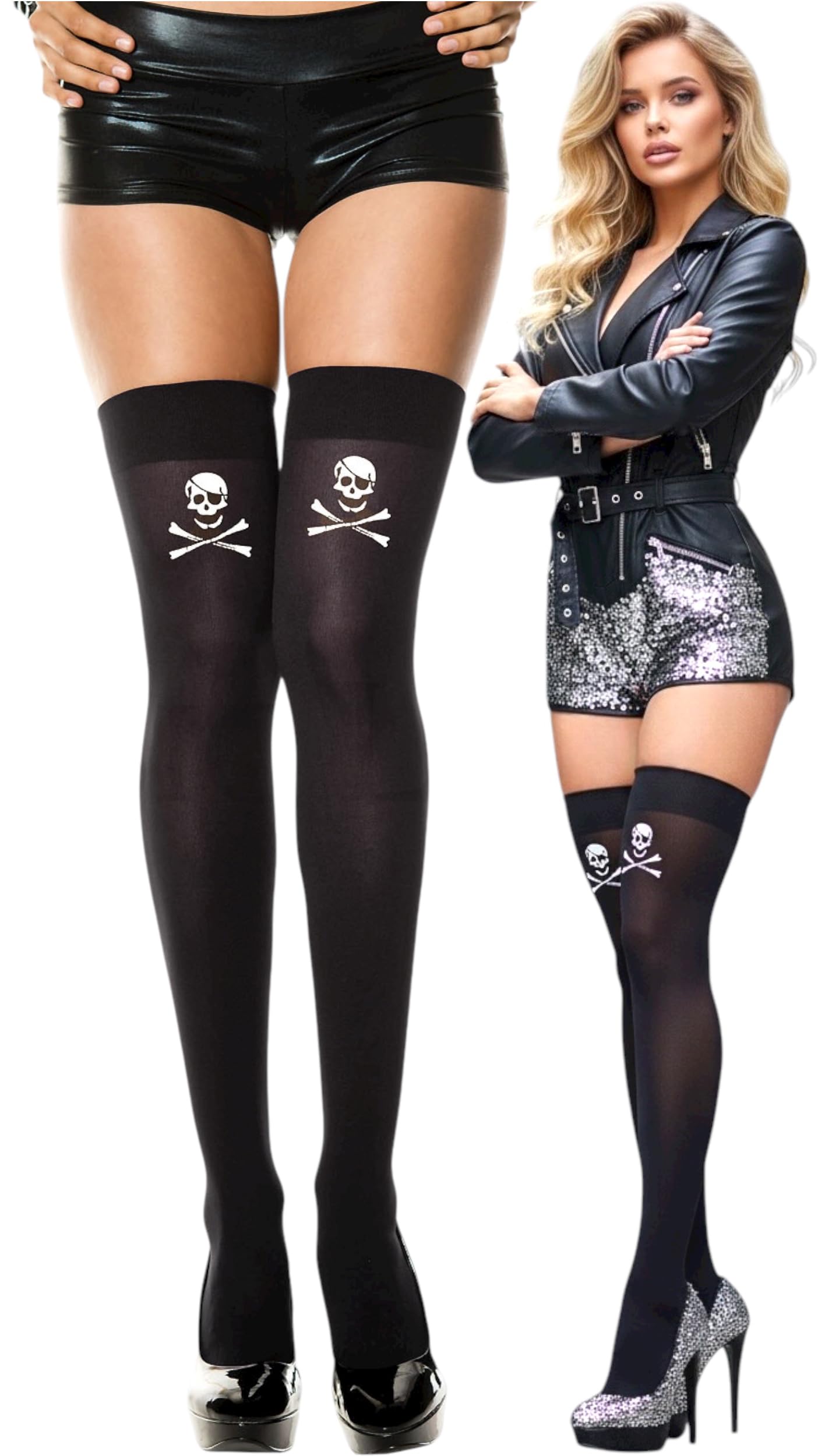 ToBeInStyle Women’s Skull Crossbones Skeleton Pirate Symbol Hosiery Tights &amp; Thigh High Stockings