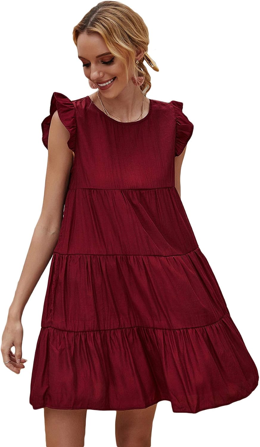 Romwe Women's Ruffle Butterfly Sleeve Solid Babydoll Dress