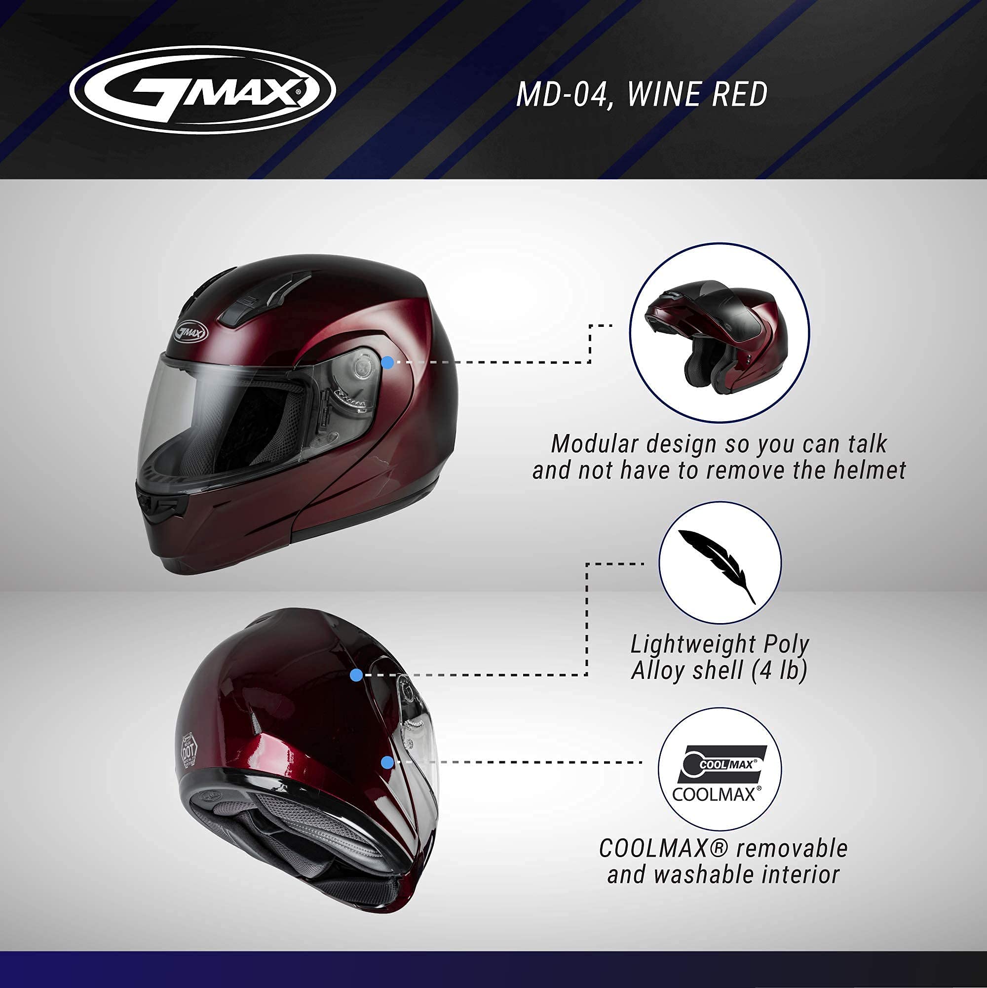 GMAX MD-04 Modular Helmet (Wine Red, Medium) - FMVSS 218 Approved
