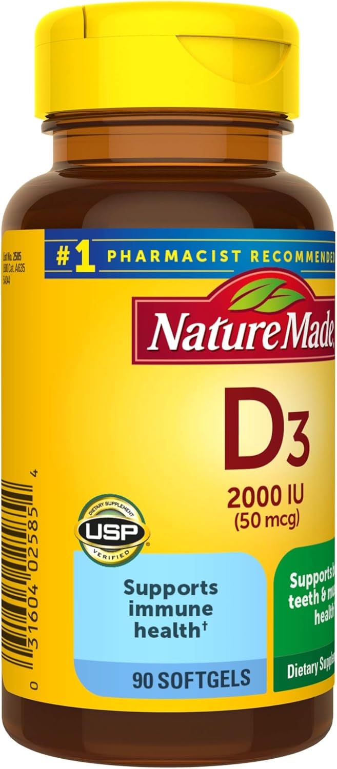 Nature Made Vitamin D3, 90 Softgels, Vitamin D 2000 IU (50 mcg) Helps Support Immune Health, Strong Bones and Teeth, & Muscle Function, 250% of the Daily Value for Vitamin D in One Daily Softgel : Health & Household