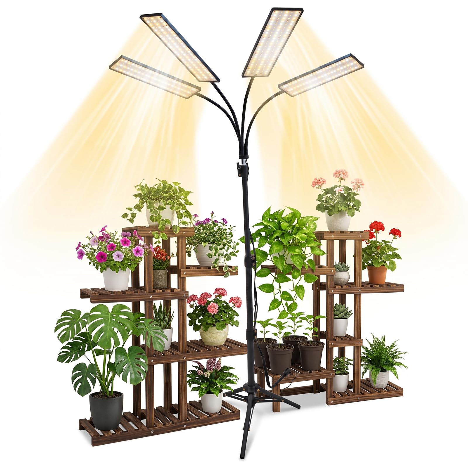 Lampe Horticole Led,32W 480LEDs Lampe Plante Interieur avec Trépied | 4Têtes Lampe Led Horticole Spectre Complet Minuterie 3/9/12,4 Modes,10 Niveaux,Bras Flexible 360°,Pour Plantes D'intérieur