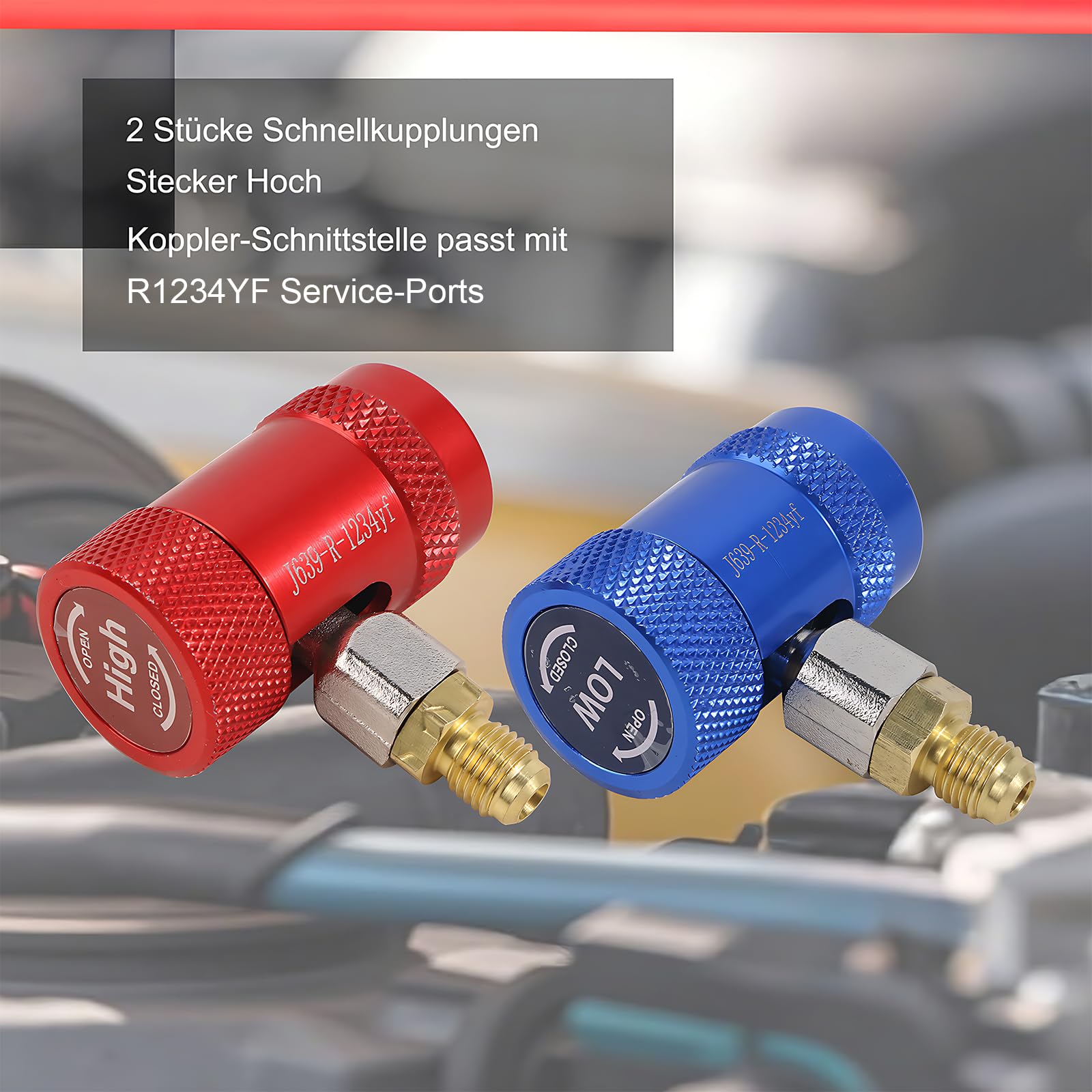 Klimagas R1234YF - Adattatore, 2 pezzi, refrigerante per auto, alto e basso, regolabile, 1/4", AC R1234YF, spina adattatore per aria condizionata, attacco rapido, manometro