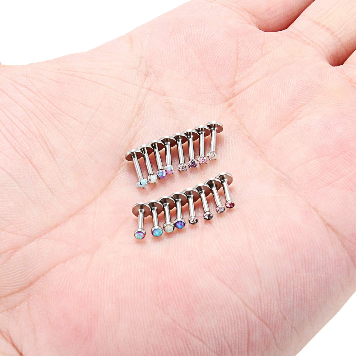 SCERRING 12-16PCS 16G 2mm CZ Opal Internally Threaded Labret Monroe Lip Ring Tragus Nail Helix Earring Stud Piercing Jewelry Bar Length 6-10mm