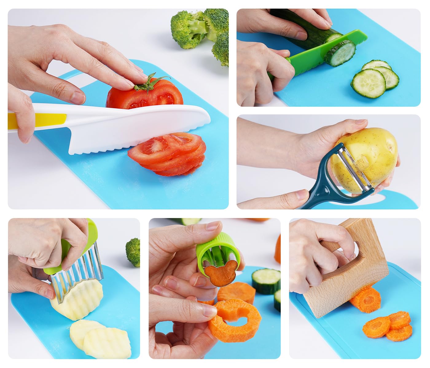 Kids Safe Knives Set, 30 Pieces Kids Wooden Kitchen Knife Kits for Real Cooking with Cutting Board, Peeler, Potato Slicer, Fruit Cutters Shapes and Fork Picks, Dishwasher Safe