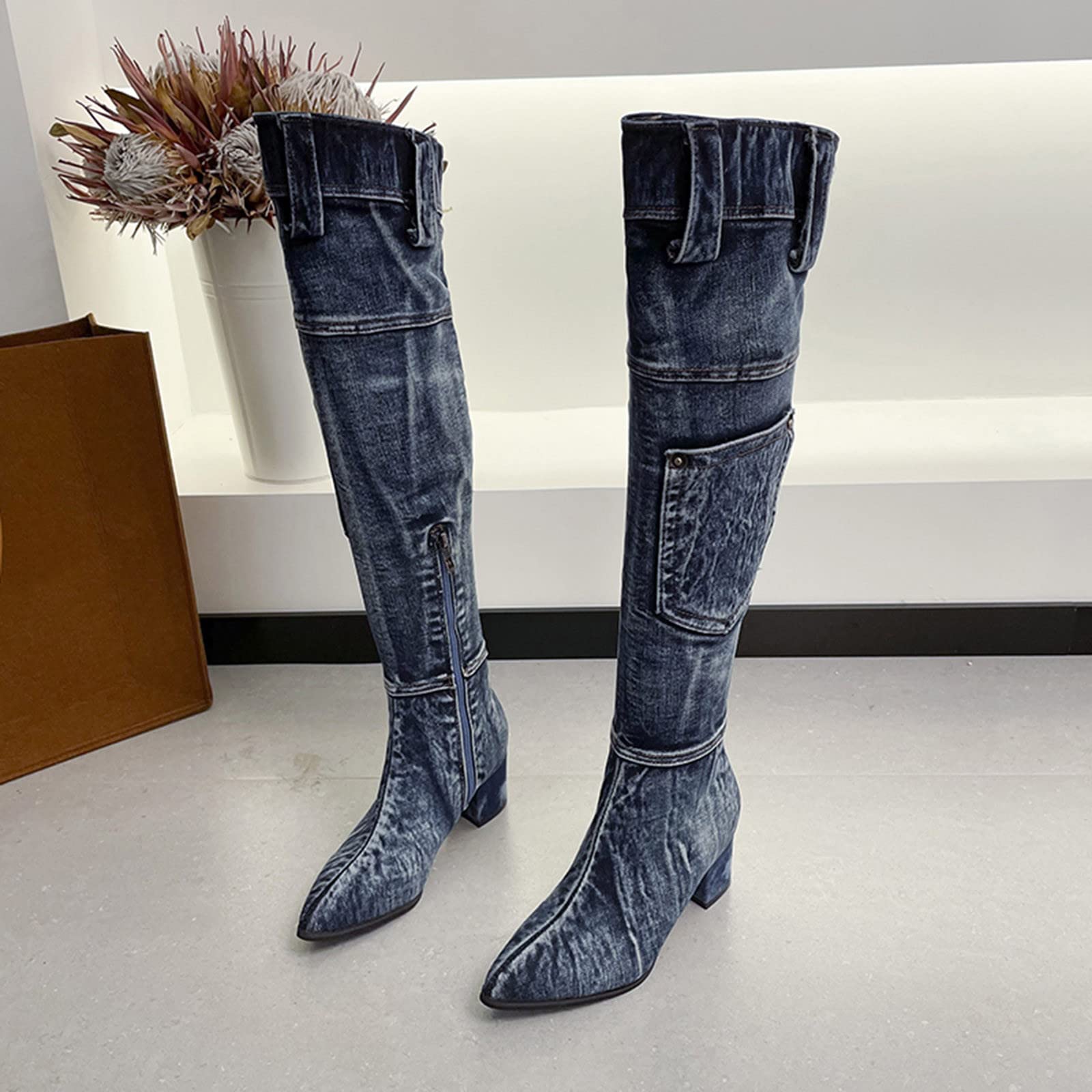Stivali sopra Ginocchio Elasticizzati alla con Tacco in Denim Solido Vintage da Donna Stivali Gomma Alti 43 Anfibi Donna Pelle