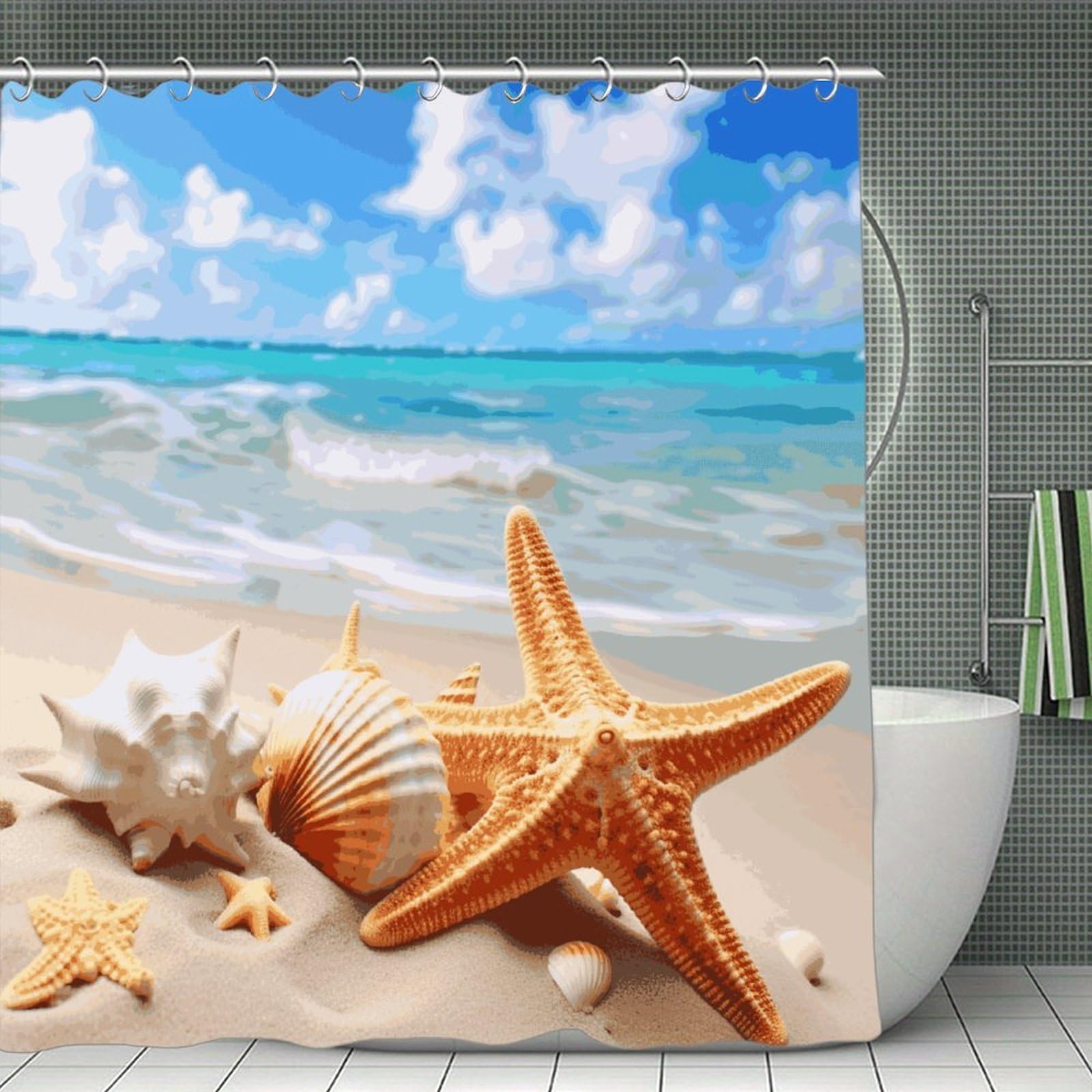 Starfish Seashell Ocean Beach Shower Curtain with Hooks Modern Farmhouse Bathroom Curtain Waterproof Cloth Bath Curtains Cute Washable Blackout Privacy Curtains for Bathroom Bathtub 70.8"x70.8"