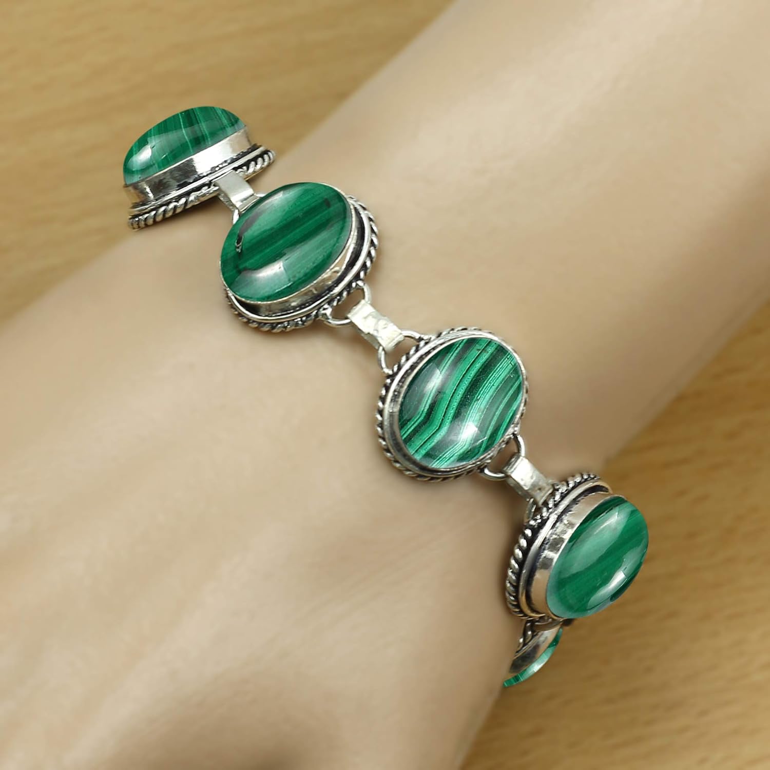 Natural Malachite Silver Plated Handmade Link Bracelet for Women - April Birthstone Oval Gemstone Adjustable Bracelet Vintage Style Bohemian Jewelry - Gifts for Mom Wife Sister Her - Image 4