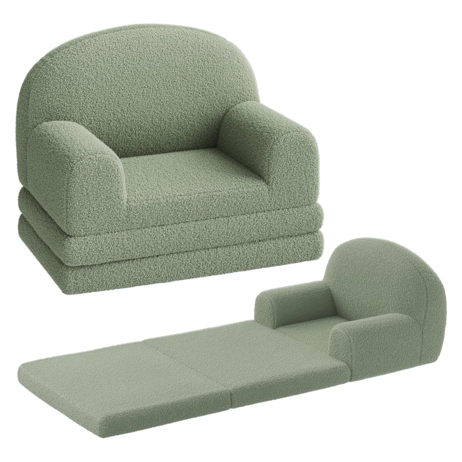 AffinityFurn Kids Couch Sofa Bed, 2-in-1 Folding Toddler Chair Bed, Convertible Soft Sherpa Toddler Couch, Foldable Kids Armchair Sofa, Children's Day and Birthday Gift for Girls Boys, Green