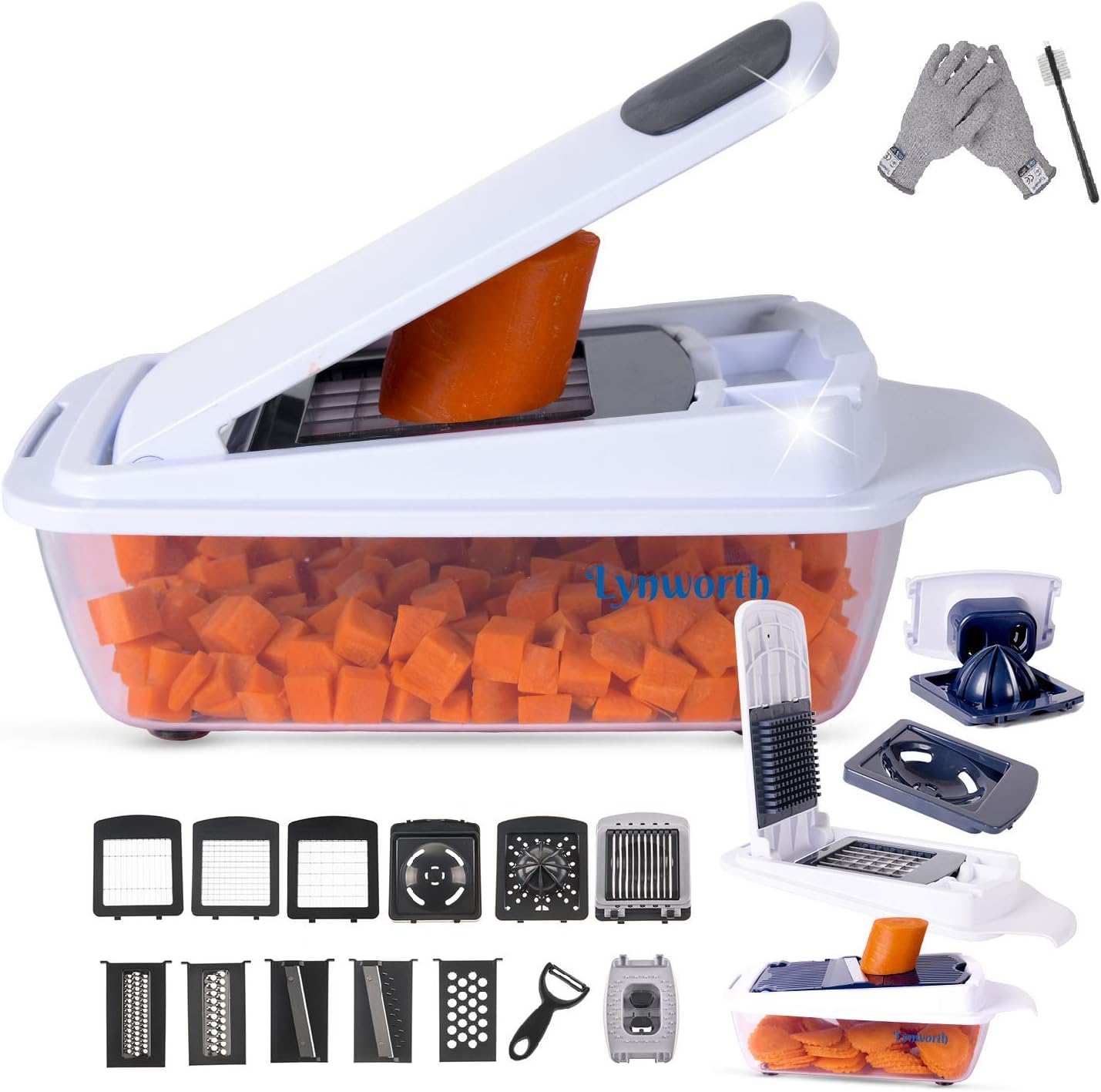 Vegetable Chopper Slicer Dicer Cutter Peeler Cheese Grater. 12-in-1 (22 Pieces). Best Manual Mandoline, Food Chopper, Lemon Squeezer, Egg White Separator, Egg Slicer. Free Cut-Resistant Gloves Brushes