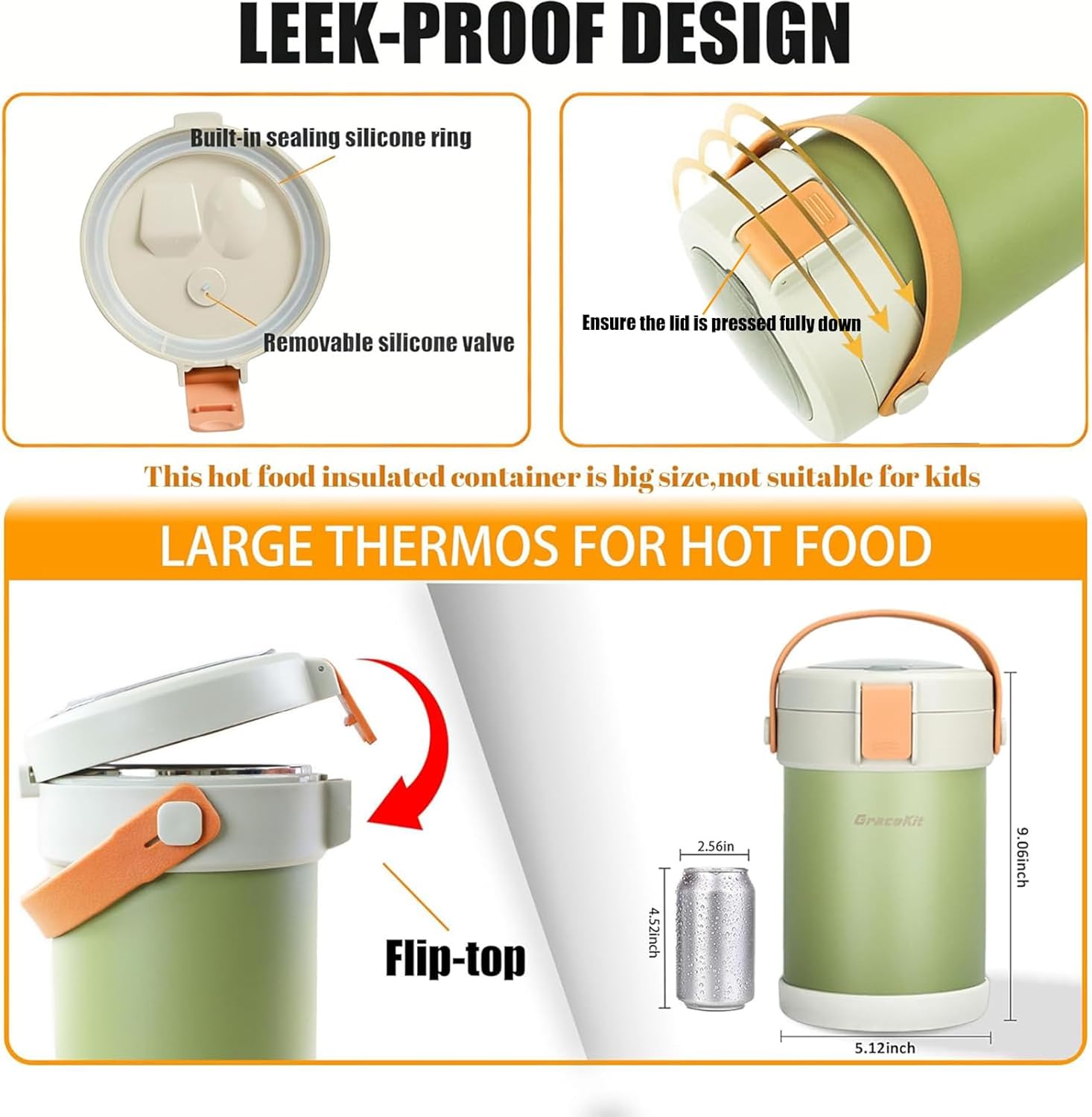 67oz Adults Thermo for Hot Food Kit 2L 9.06in 3 Layer Stainless Steel Vacuum Soup Food Thermo Hot Food Jar Bento Box for Men, Women, Suitable insulated Lunch Box for 12+ Camping, Office & Travel Use
