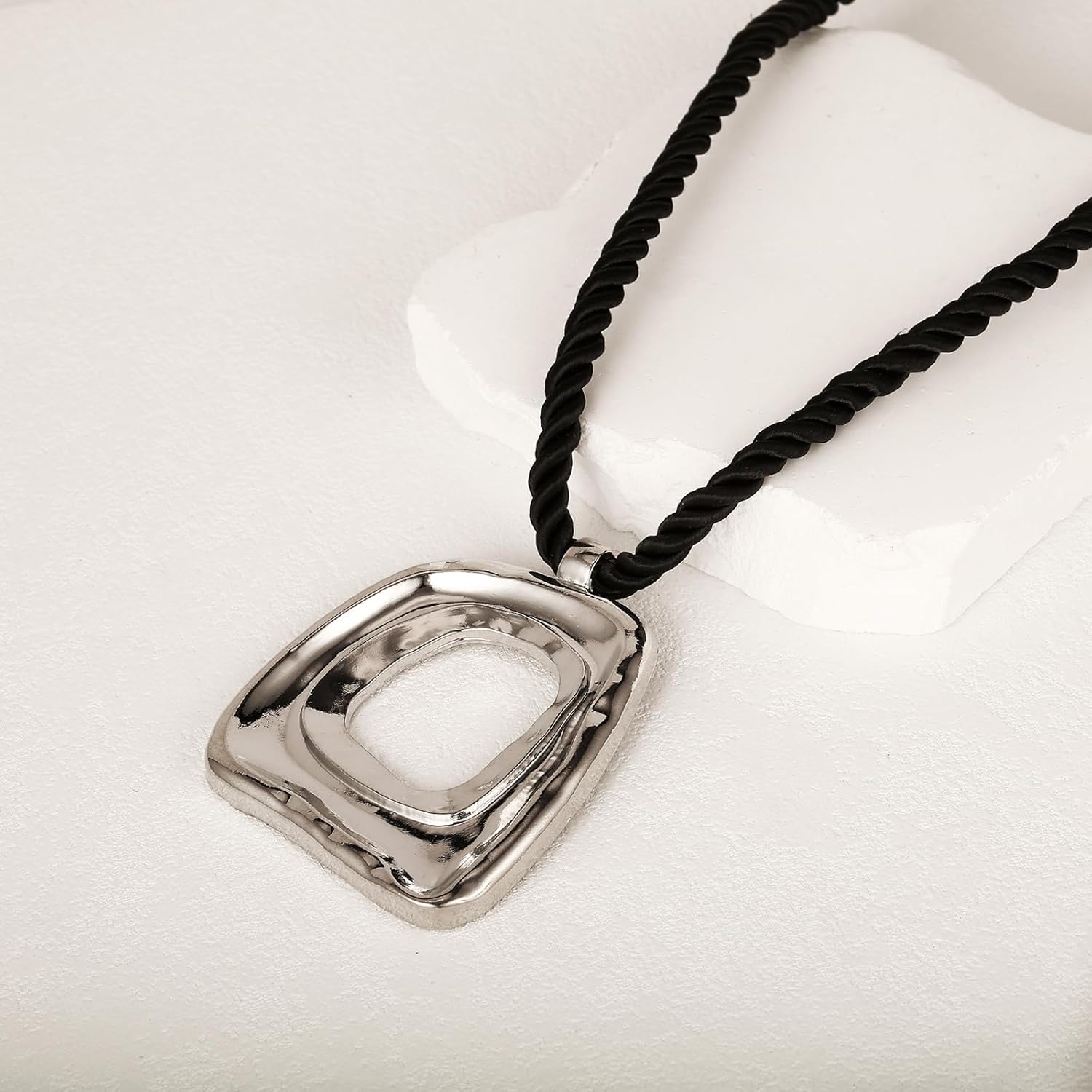 Chunky Gold Statement Necklaces Large Pendant Necklace Big Square Pendant Chunky Statement Jewelry Women 14K Gold Plated Black Rope - Image 6